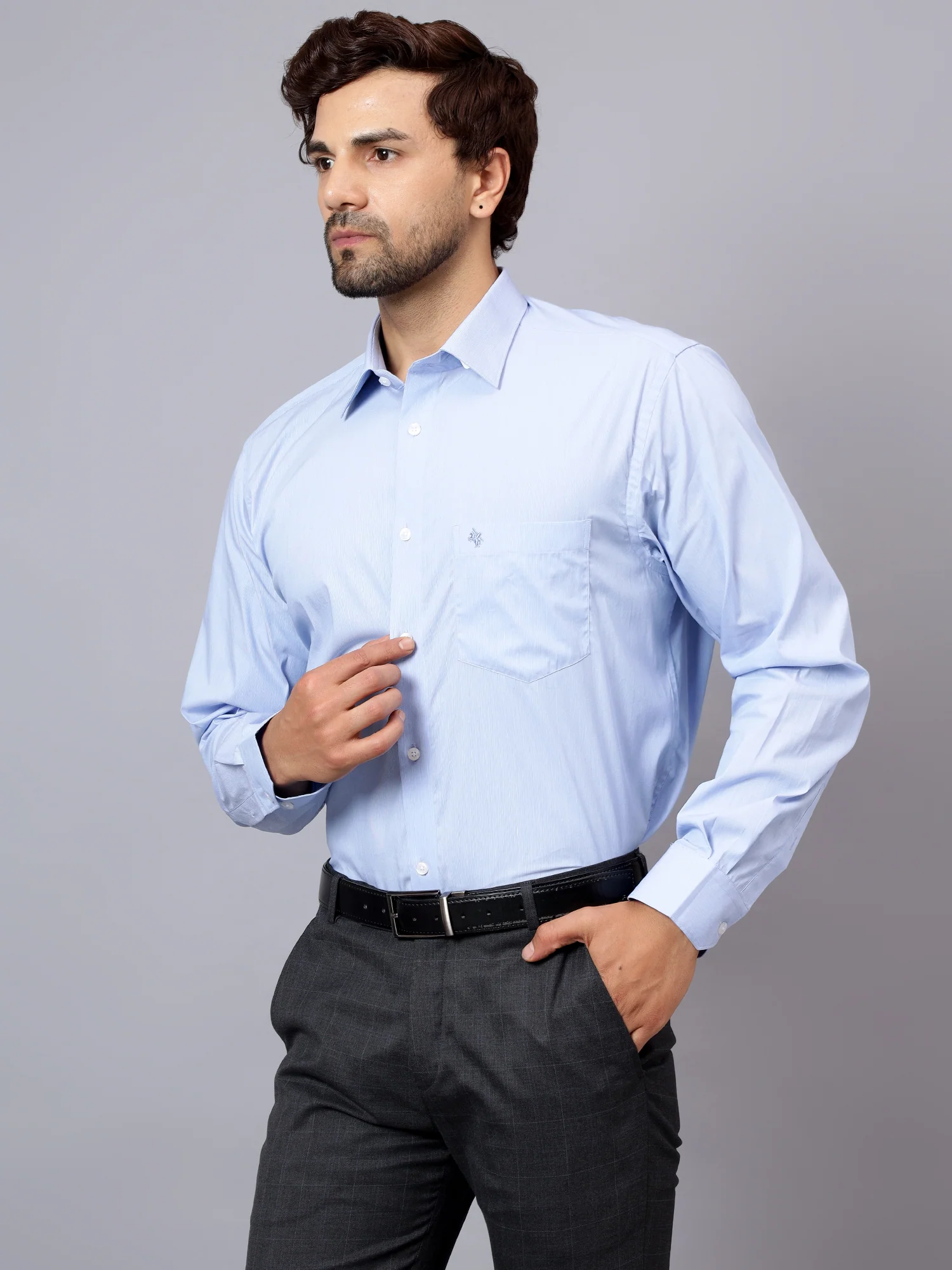 Men's Sky Blue Formal Pin Stripe Full Sleeve Shirt - Image 4