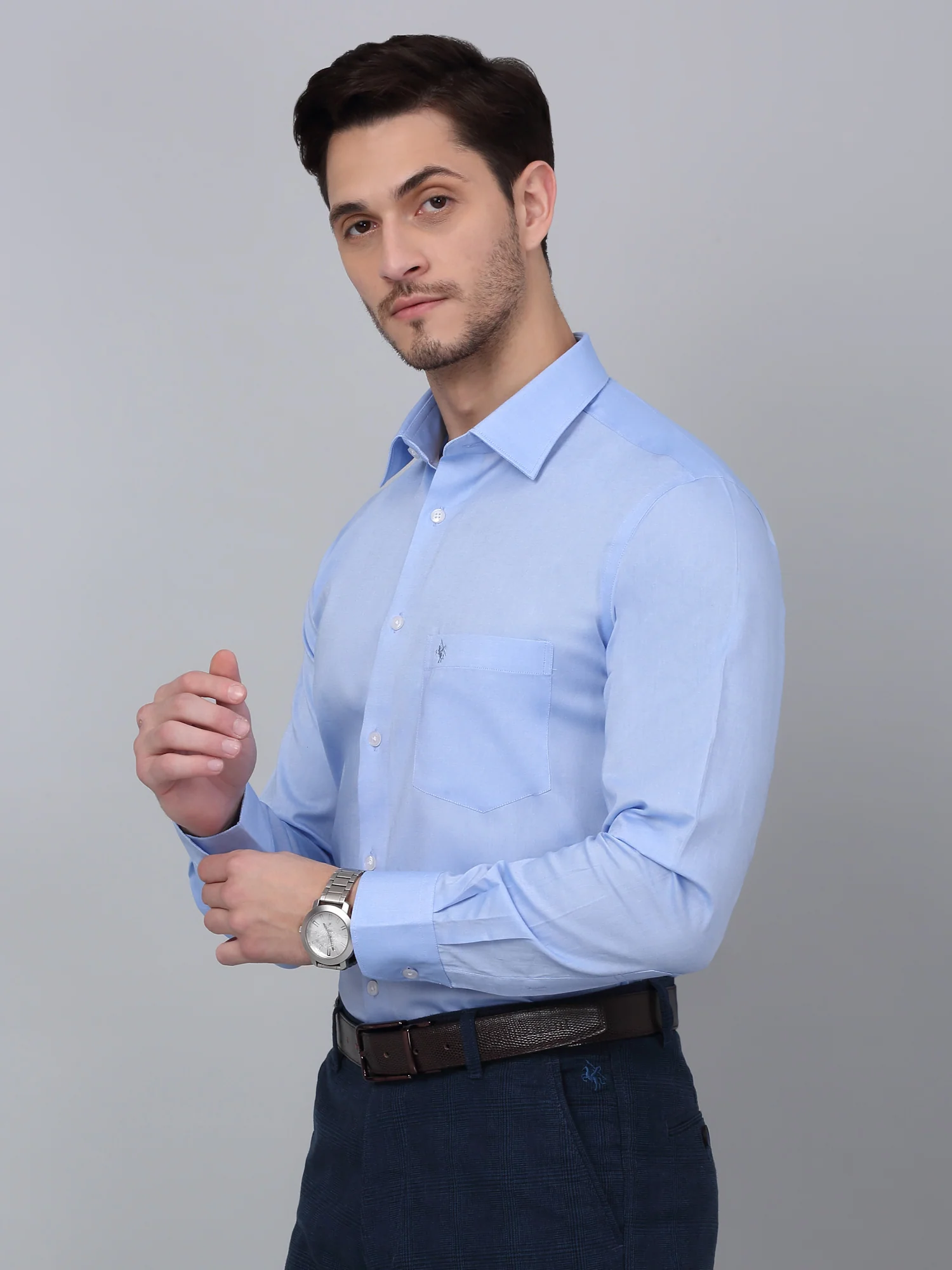 Men's Sky Blue Formal Plain Full Sleeve Shirt - Image 3