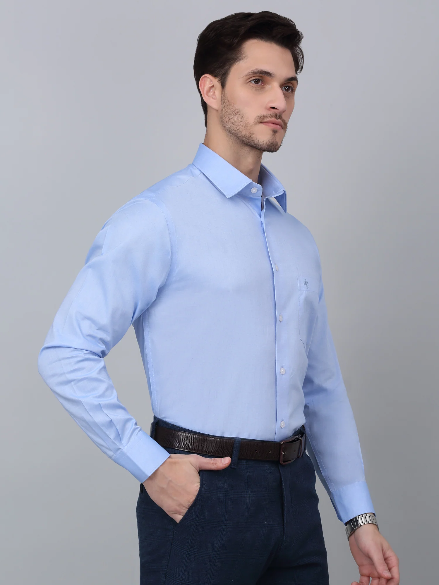 Men's Sky Blue Formal Plain Full Sleeve Shirt - Image 4