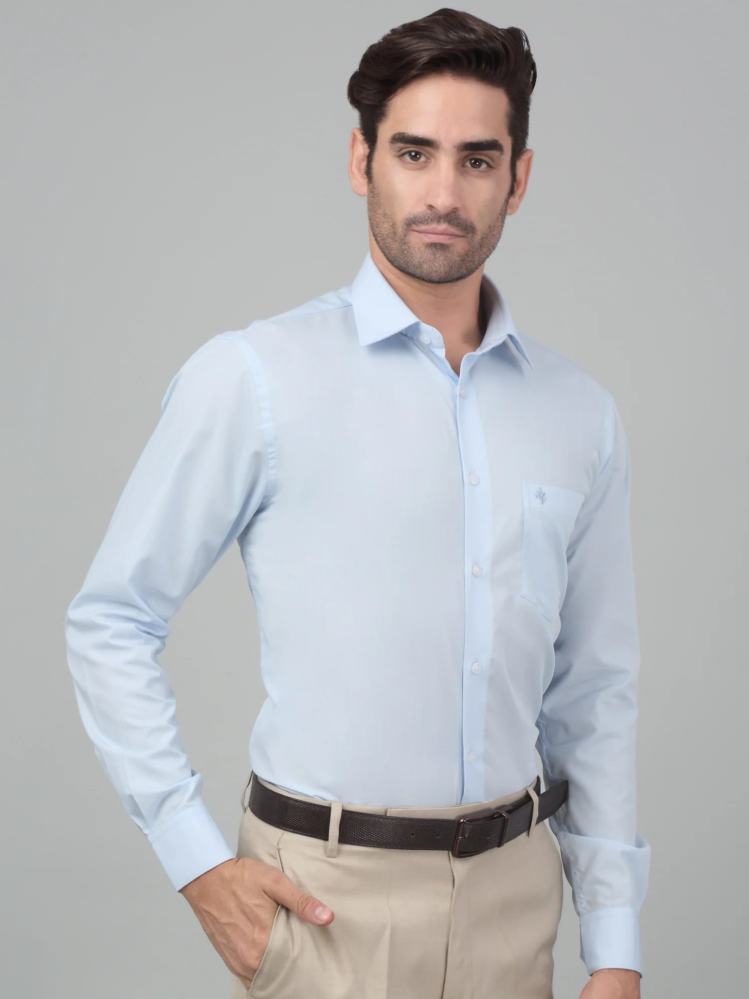 Men's Sky Blue Formal Plain Full Sleeve Shirt - Image 4
