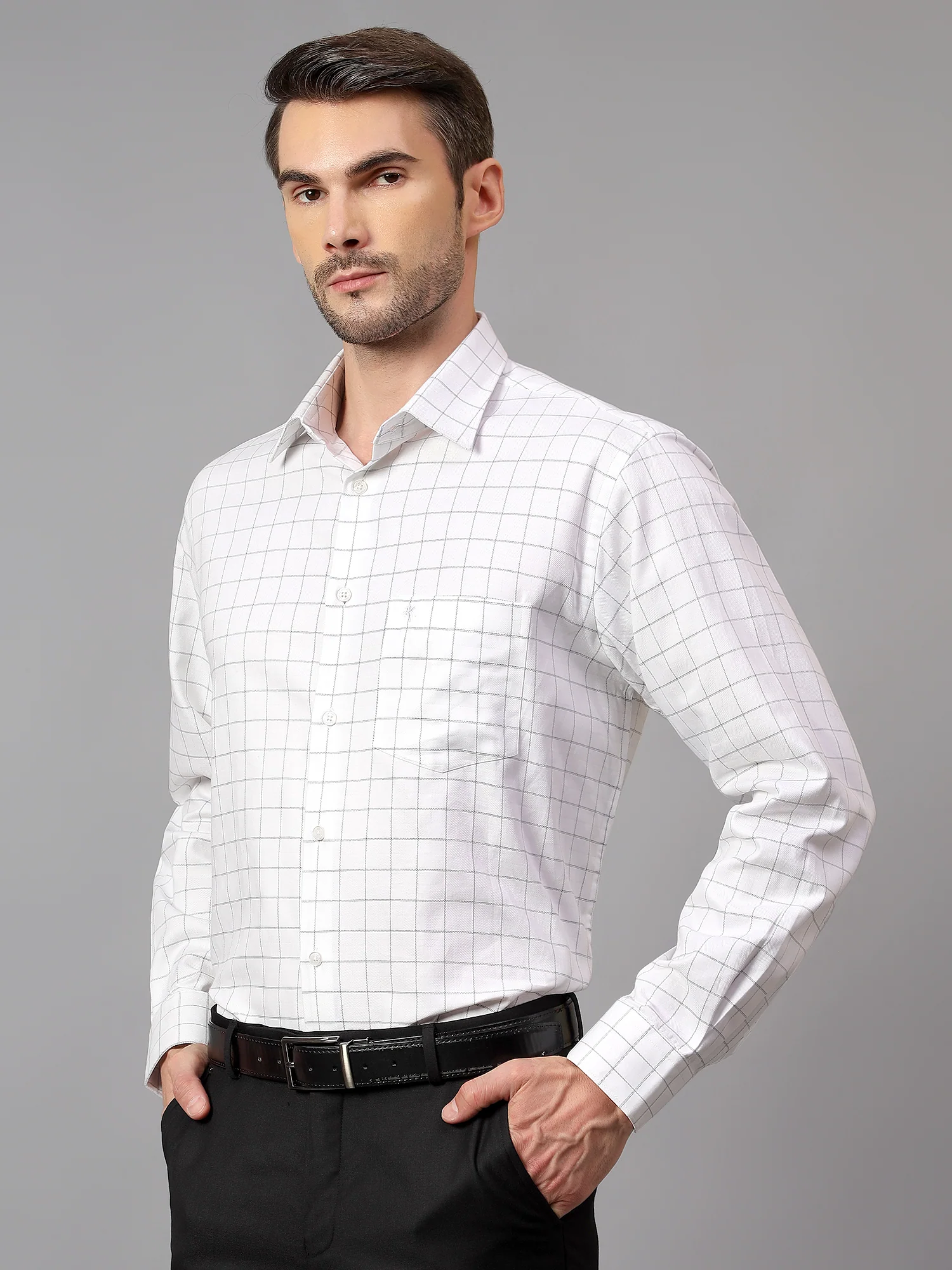 Men's White Formal Medium Checks Full Sleeve Shirt - Image 3