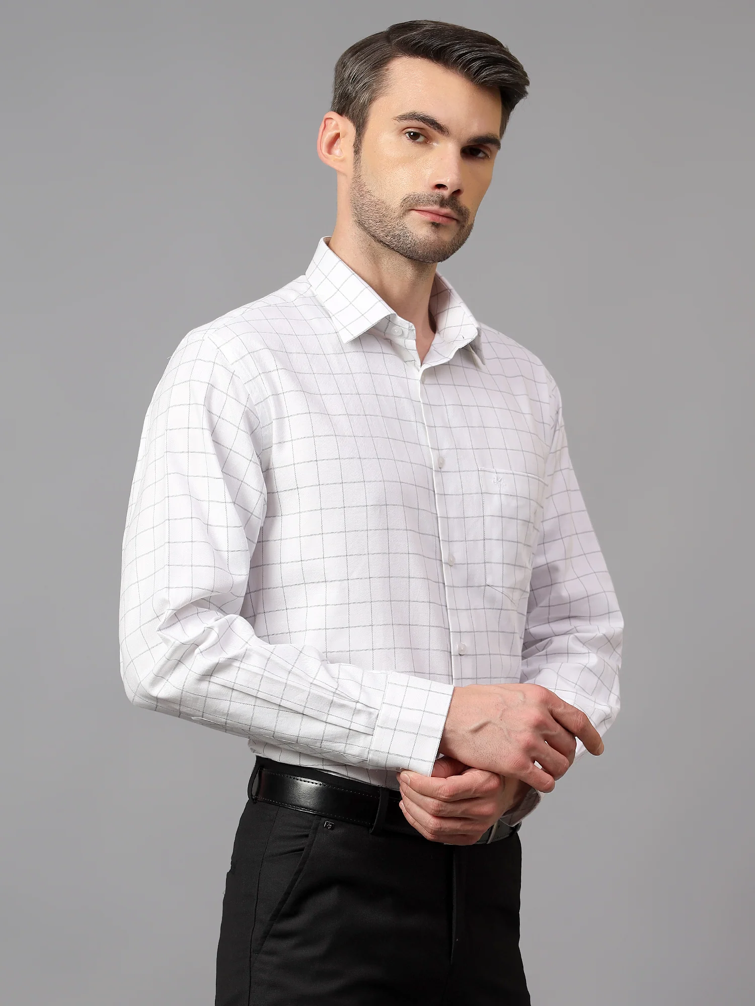 Men's White Formal Medium Checks Full Sleeve Shirt - Image 4