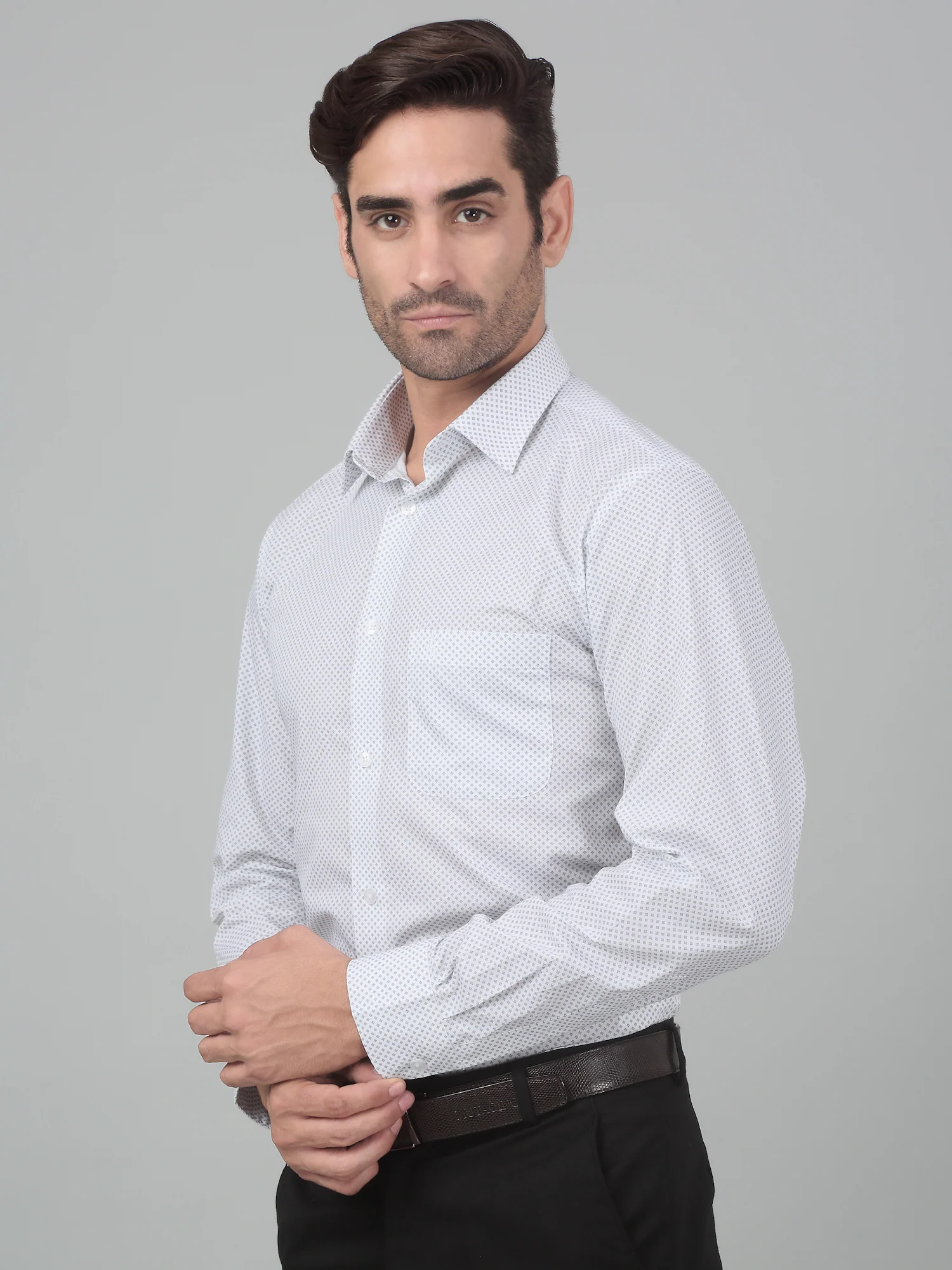 Men's White Formal Geometric Print Full Sleeve Shirt - Image 3