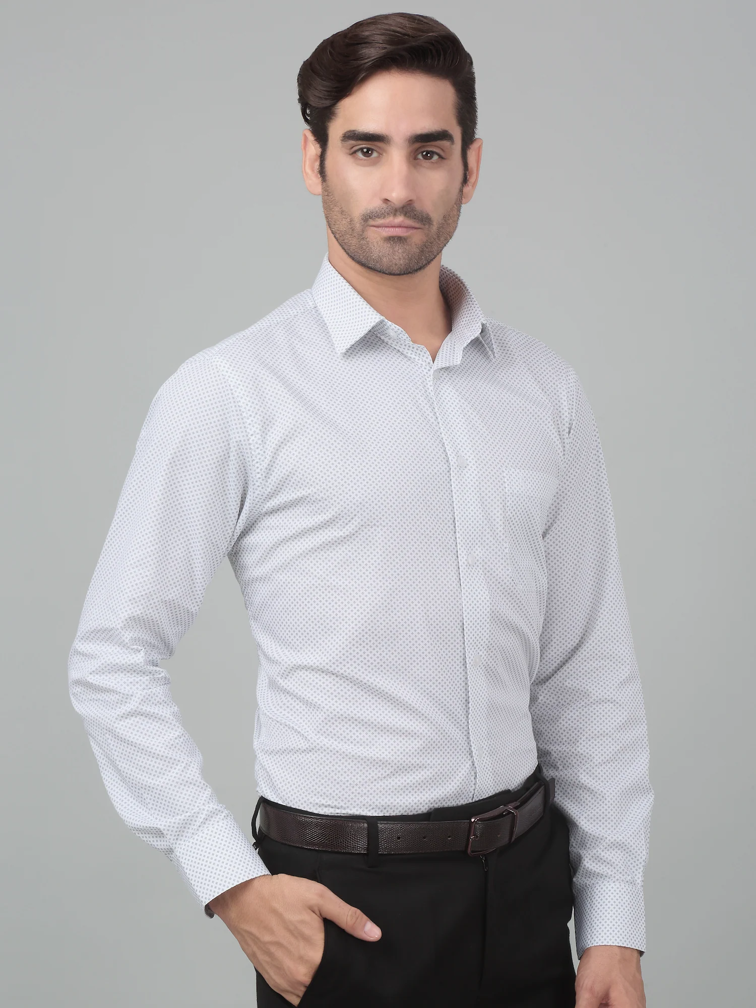 Men's White Formal Geometric Print Full Sleeve Shirt - Image 4