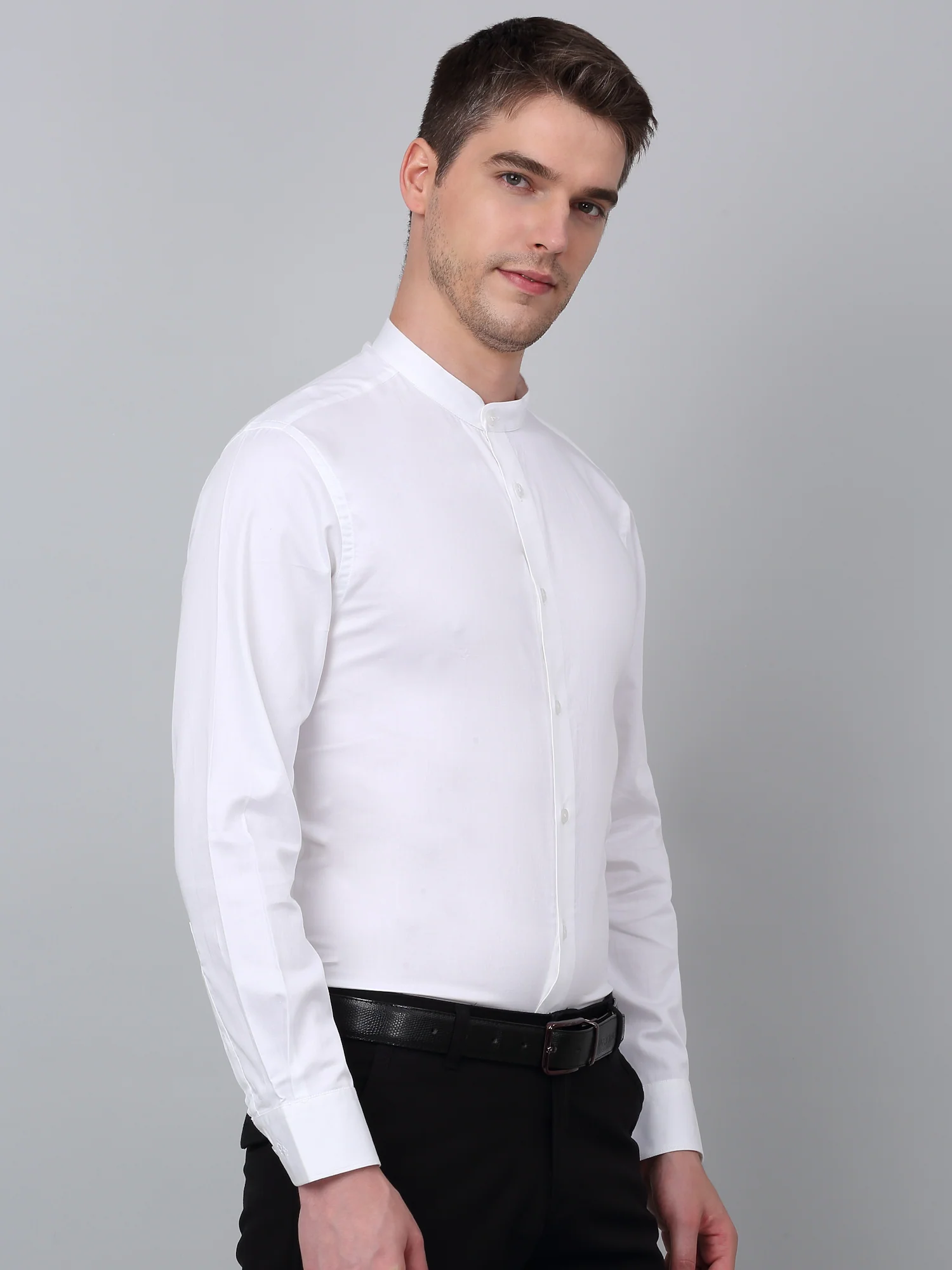 Formal Shirt for Men l Breathable & Soft with Color Fastness Regular Fit Mandarin Collar Neck Cotton Fabric Solid Pattern - Image 3