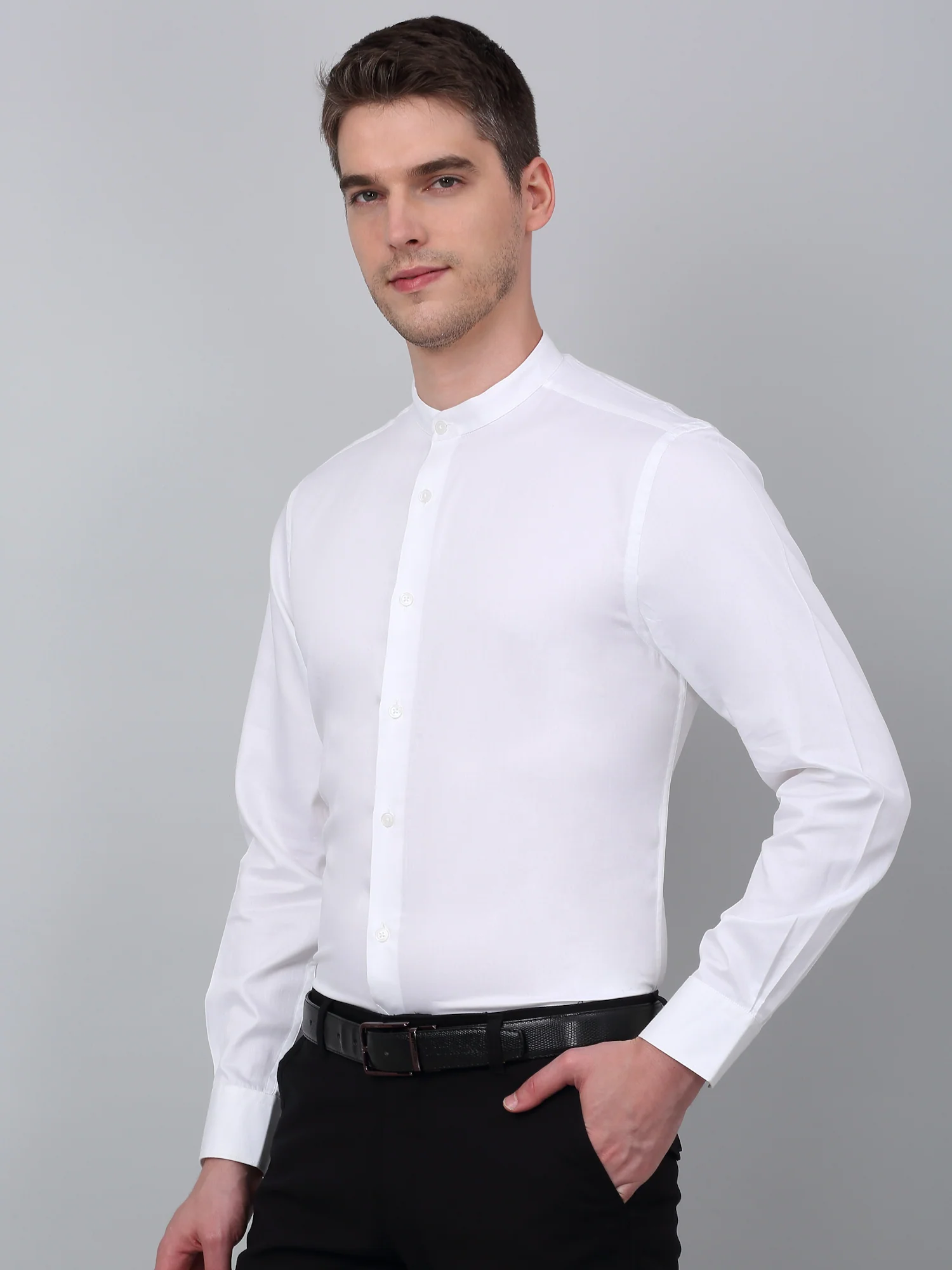 Formal Shirt for Men l Breathable & Soft with Color Fastness Regular Fit Mandarin Collar Neck Cotton Fabric Solid Pattern - Image 4