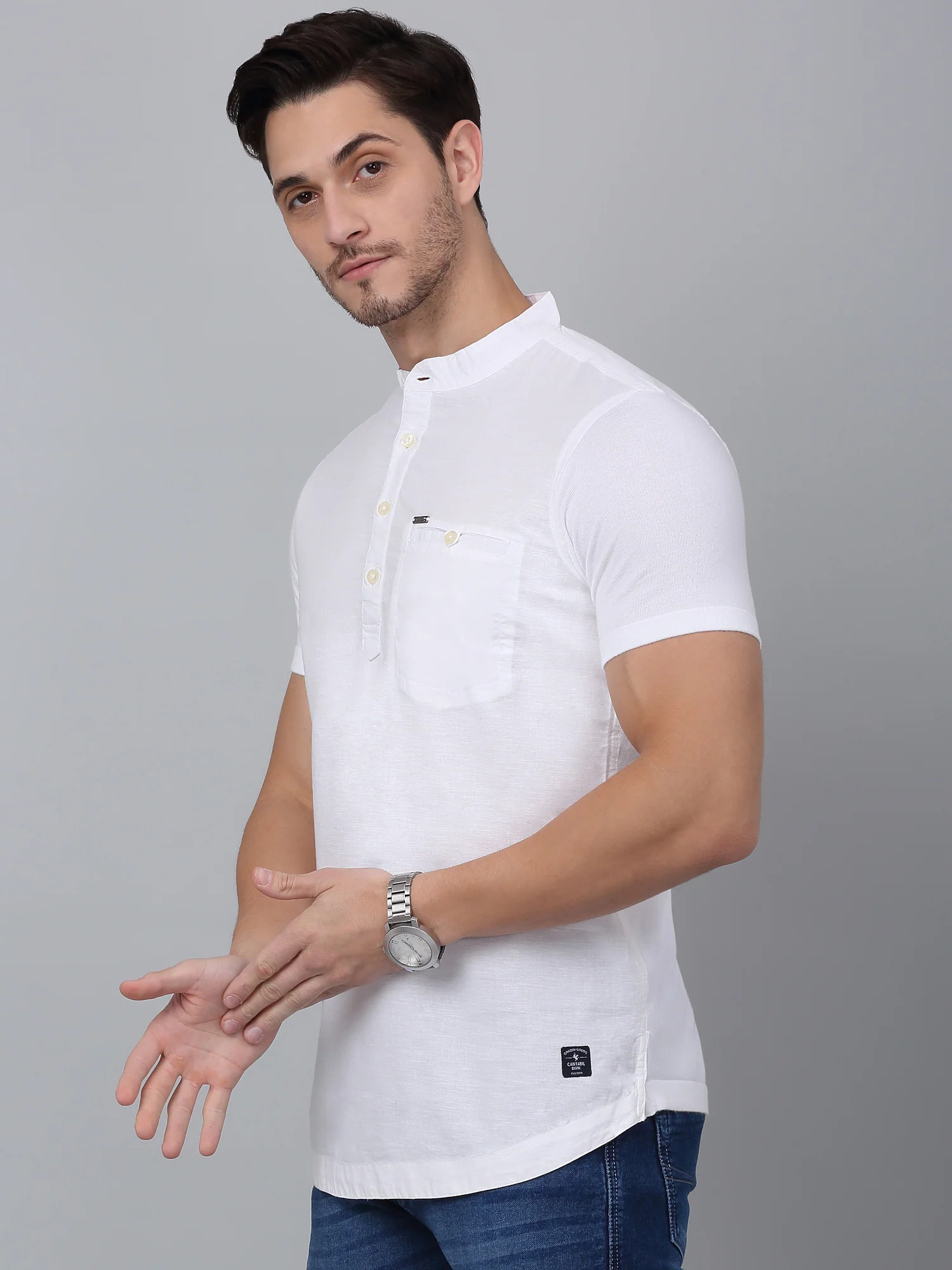 Men's White Casual Plain Half sleeve Shirt Kurta - Image 3