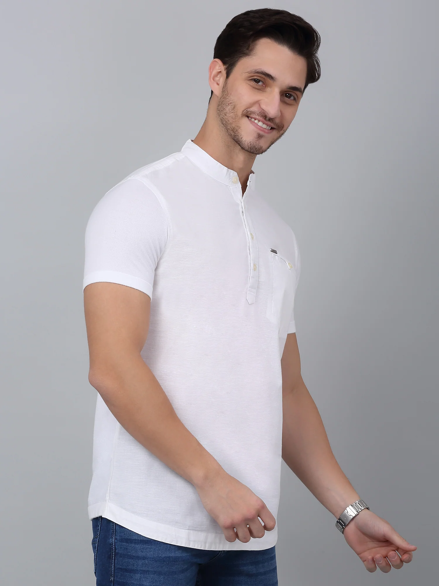 Men's White Casual Plain Half sleeve Shirt Kurta - Image 4