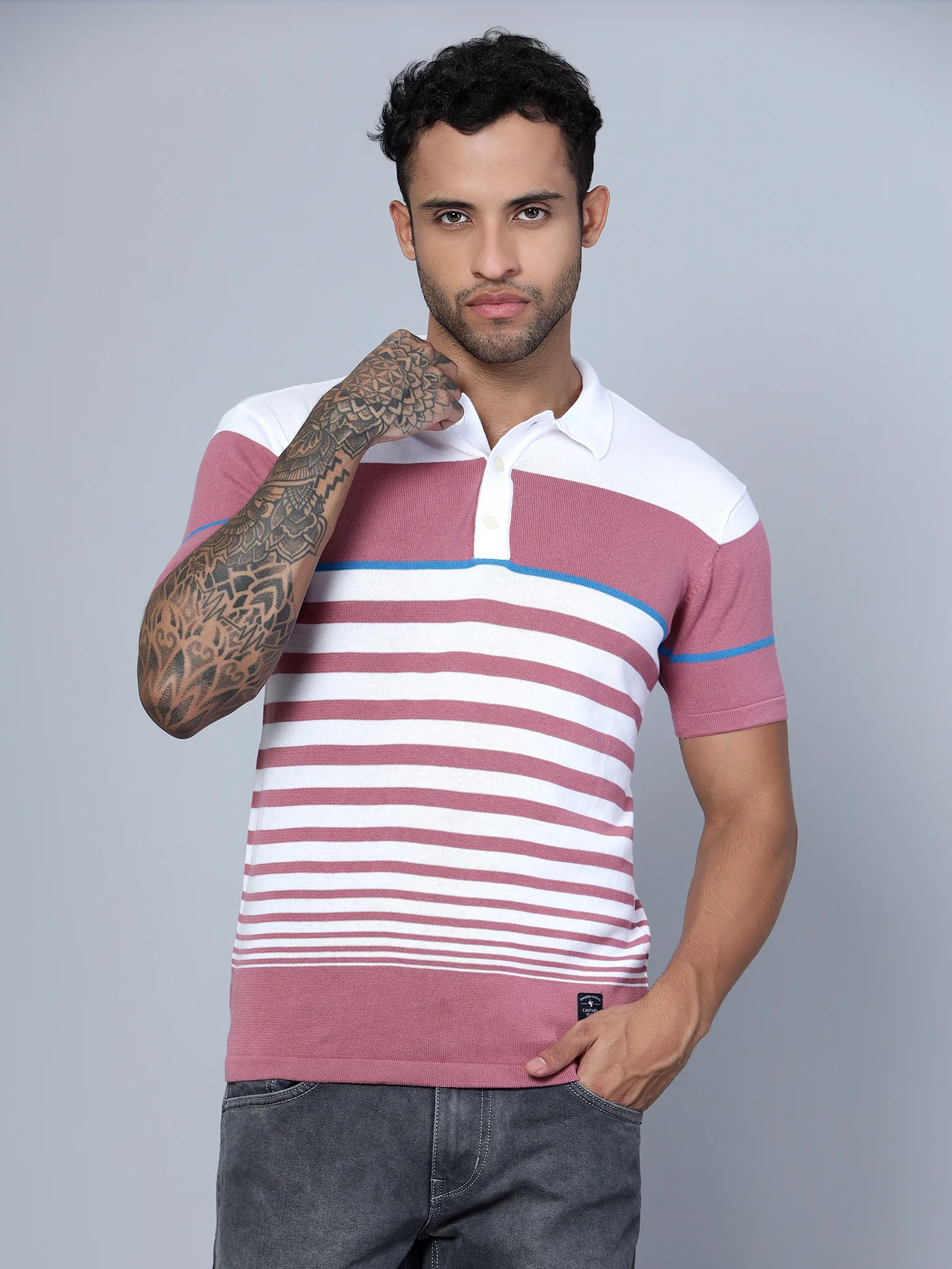 T-Shirt for Men | Breathable & Soft with Color Fastness Regular Fit Polo Neck Cotton Fabric Striped Pattern - Image 2