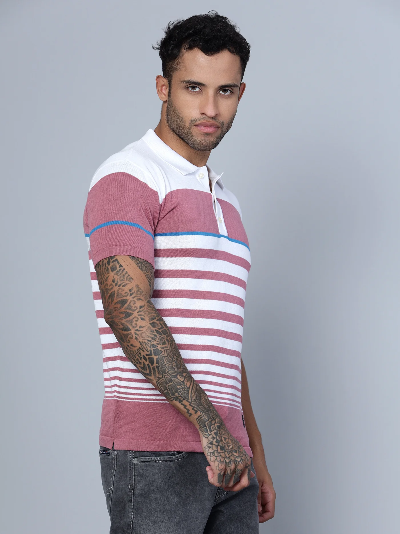 T-Shirt for Men | Breathable & Soft with Color Fastness Regular Fit Polo Neck Cotton Fabric Striped Pattern - Image 4