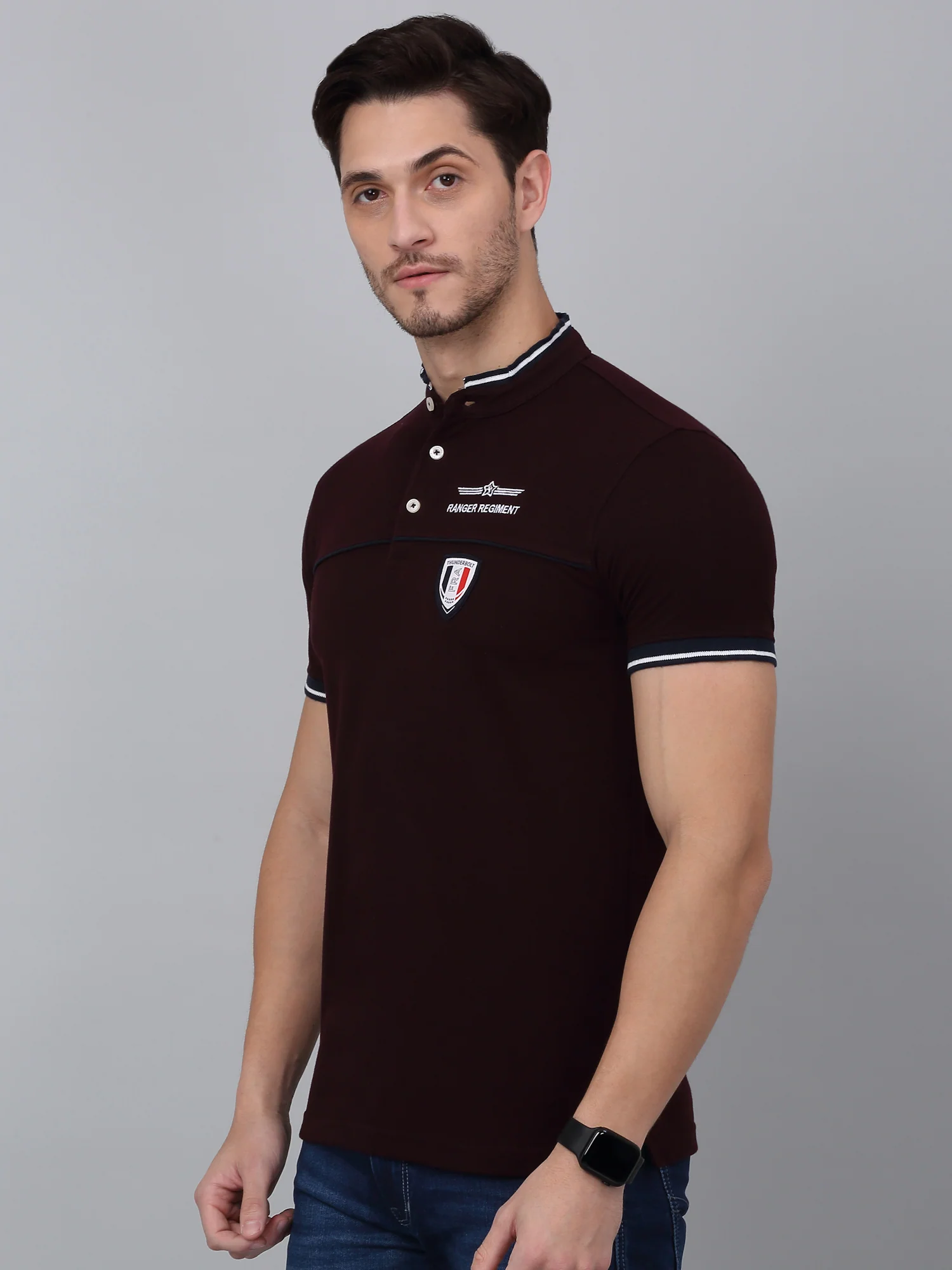 T-Shirt for Men | Breathable & Soft with Color Fastness Regular Fit Mandarin Collar Poly Cotton Fabric Solid Pattern - Image 3