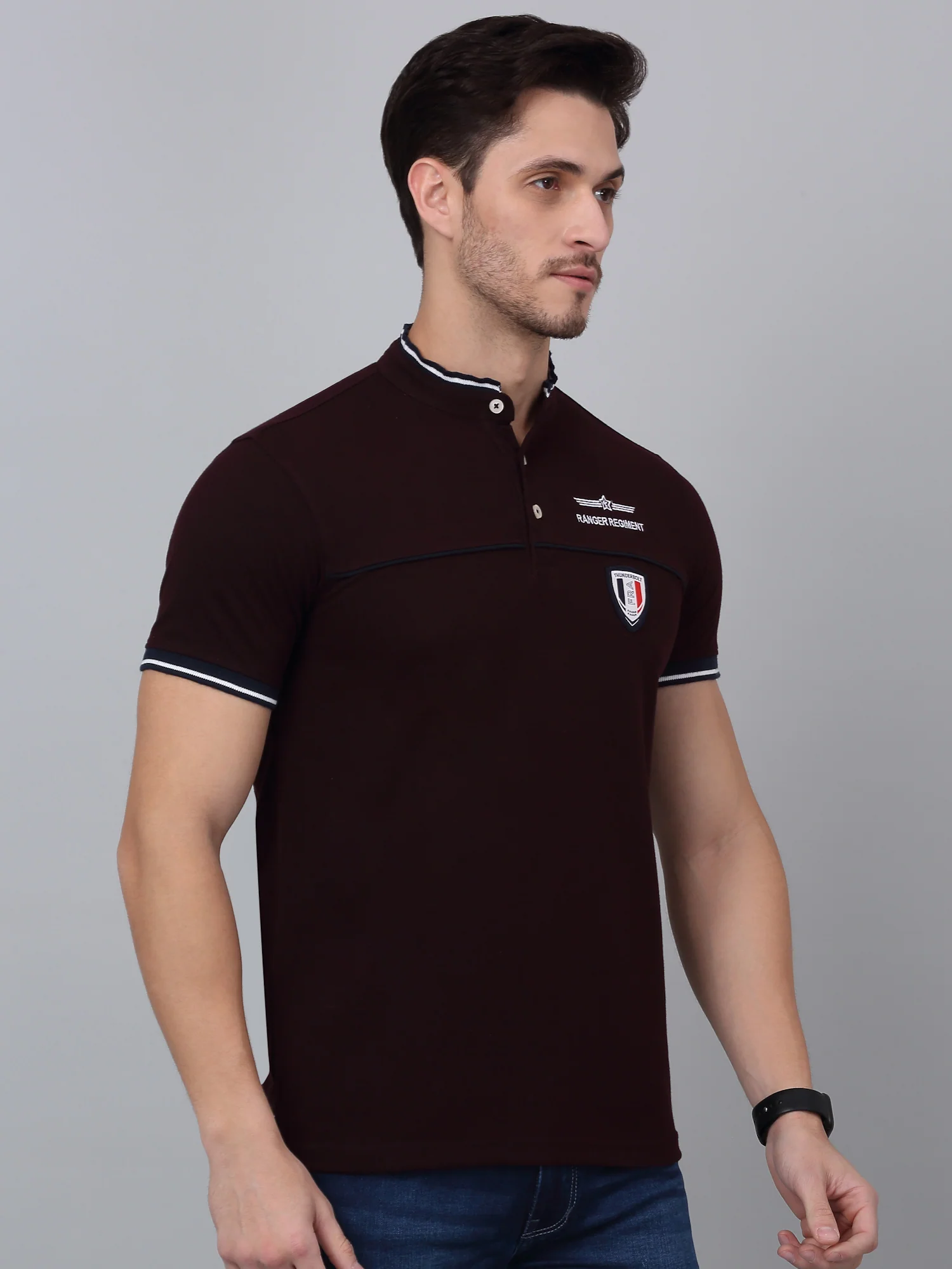 T-Shirt for Men | Breathable & Soft with Color Fastness Regular Fit Mandarin Collar Poly Cotton Fabric Solid Pattern - Image 4