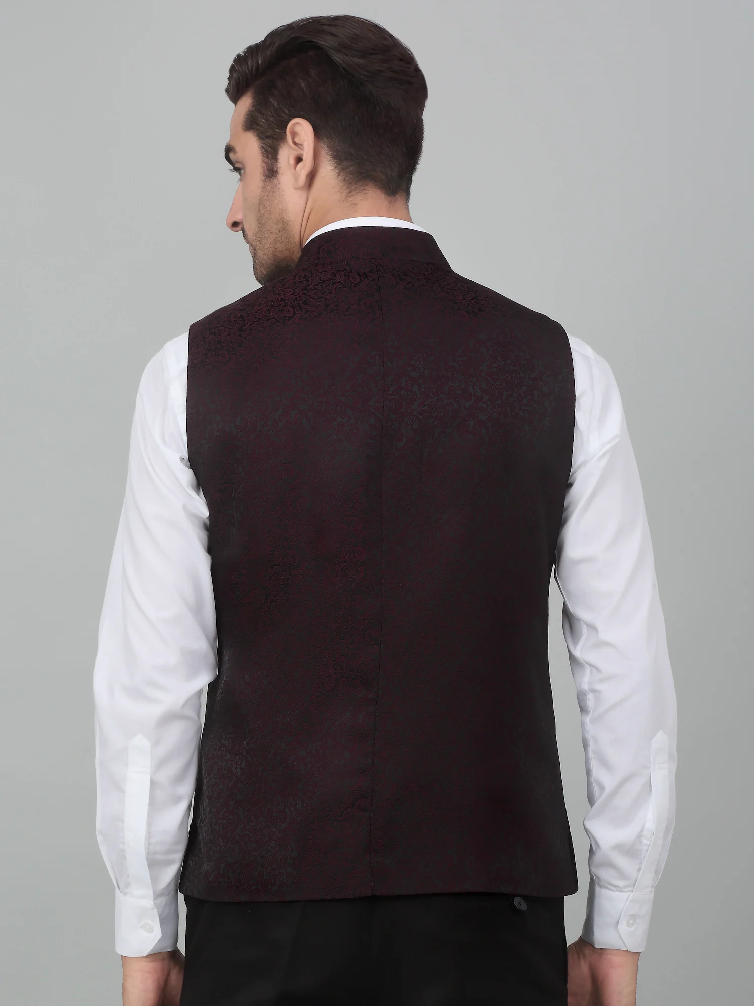 Men's Wine Self Design Party Wear Waistcoat - Image 2