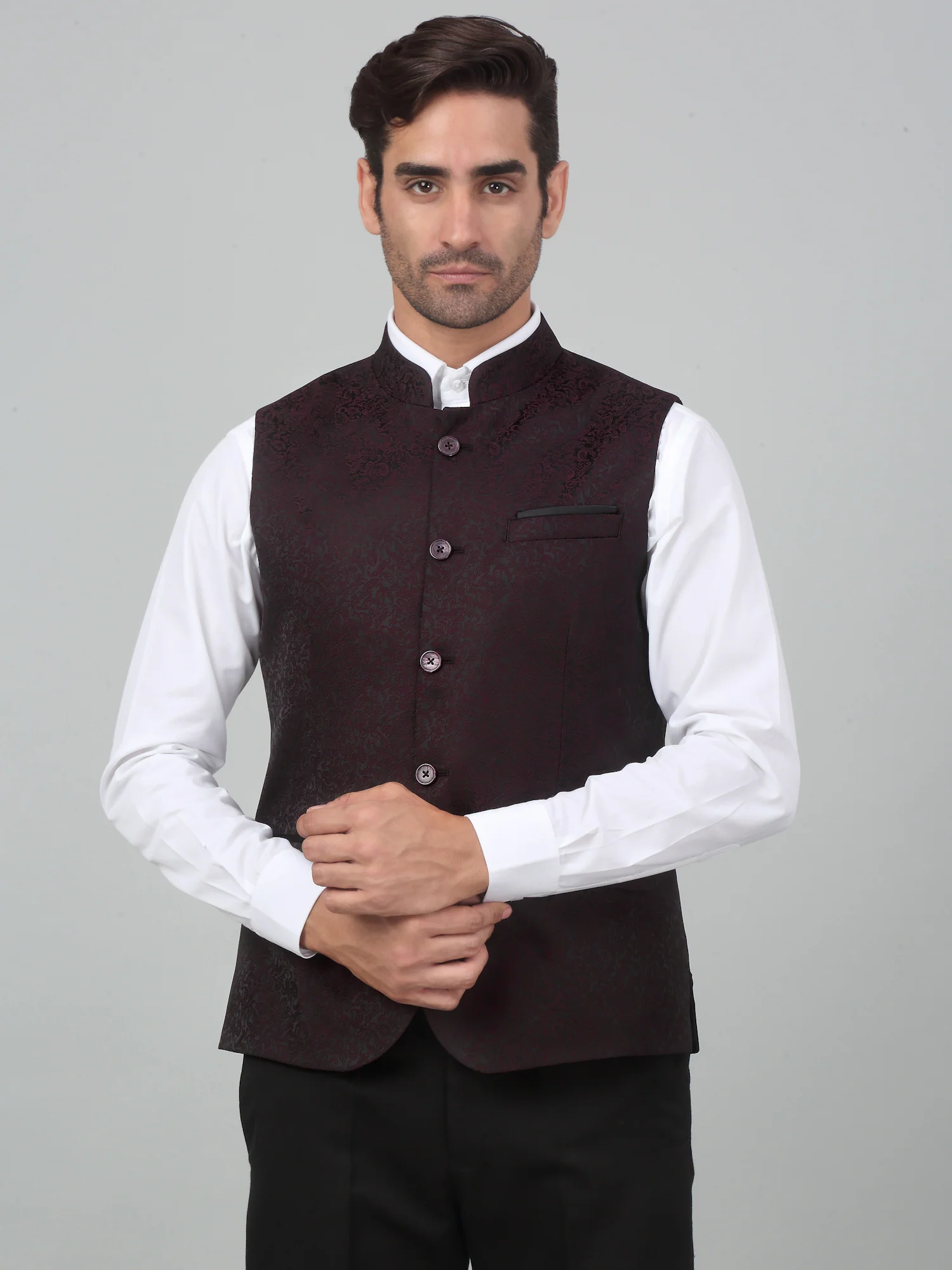 Men's Wine Self Design Party Wear Waistcoat - Image 3