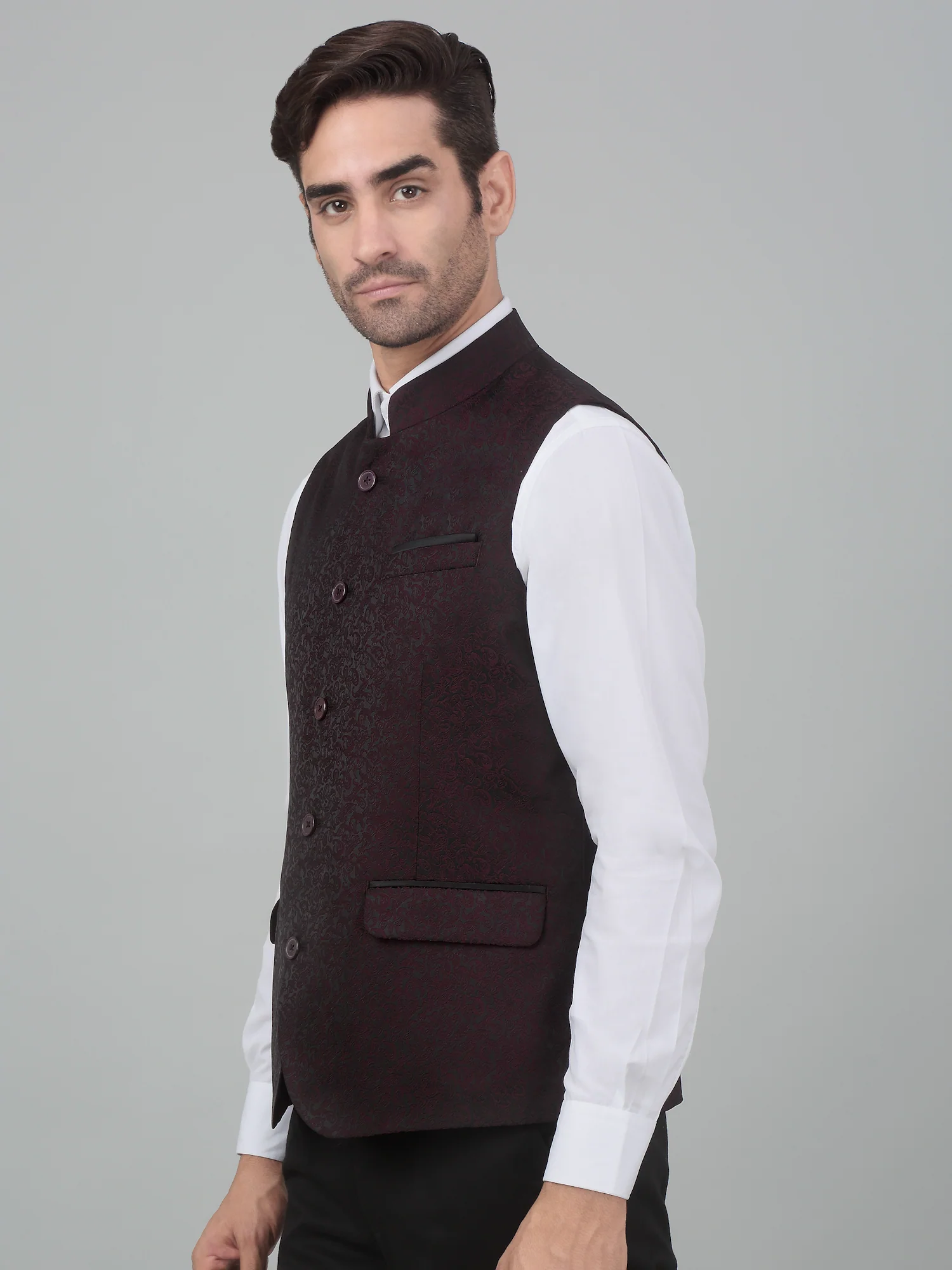 Men's Wine Self Design Party Wear Waistcoat - Image 4