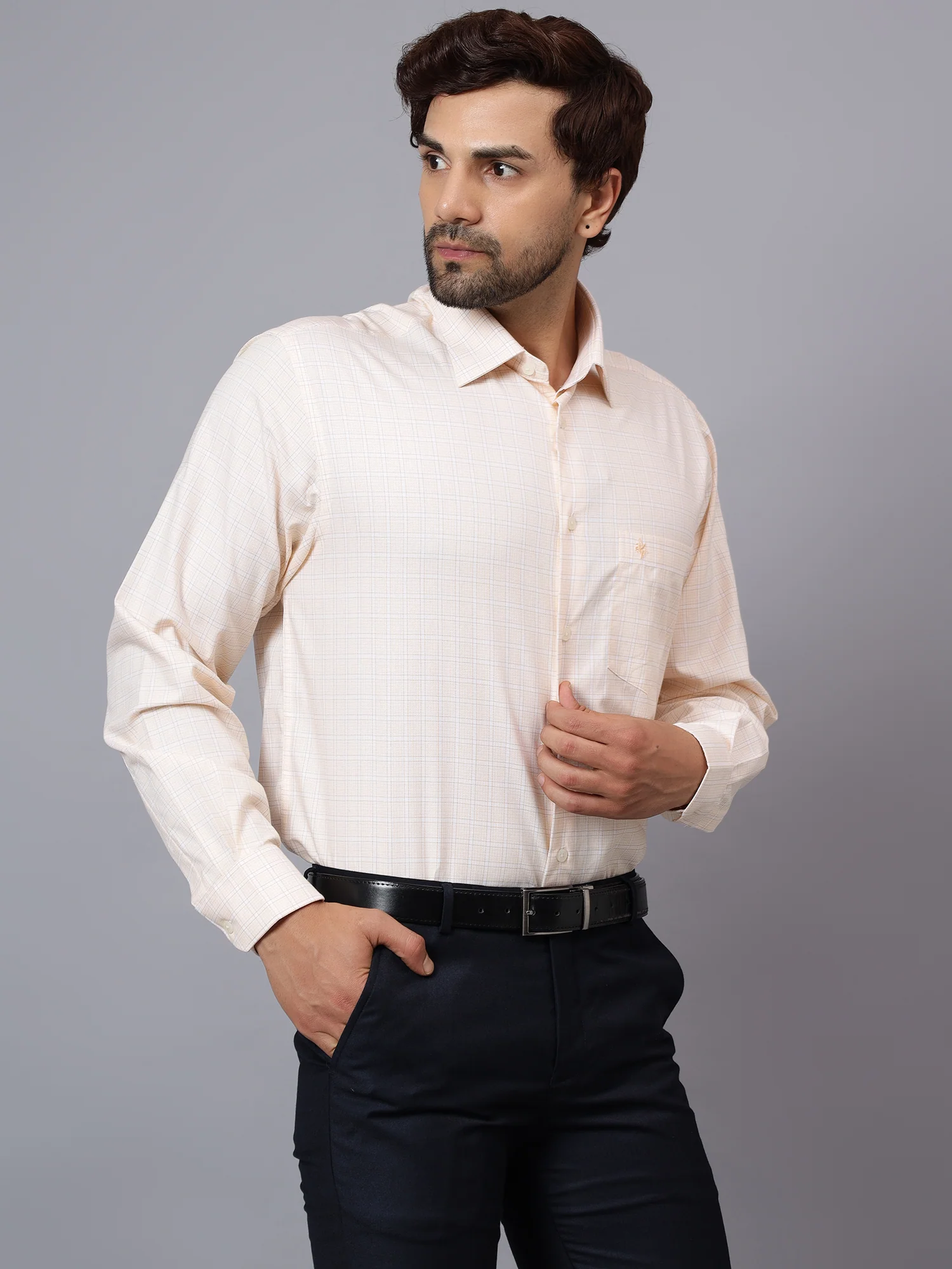 Men's Yellow Formal Small Checks Full Sleeve Shirt - Image 3