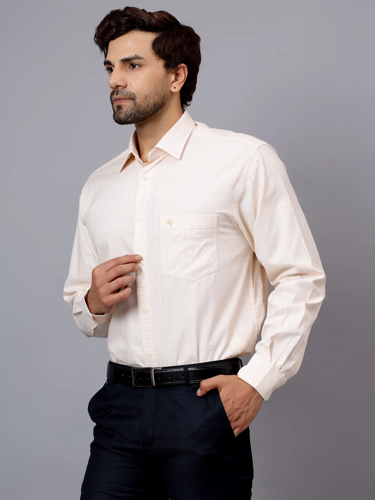 Men's Yellow Formal Small Checks Full Sleeve Shirt - Image 4