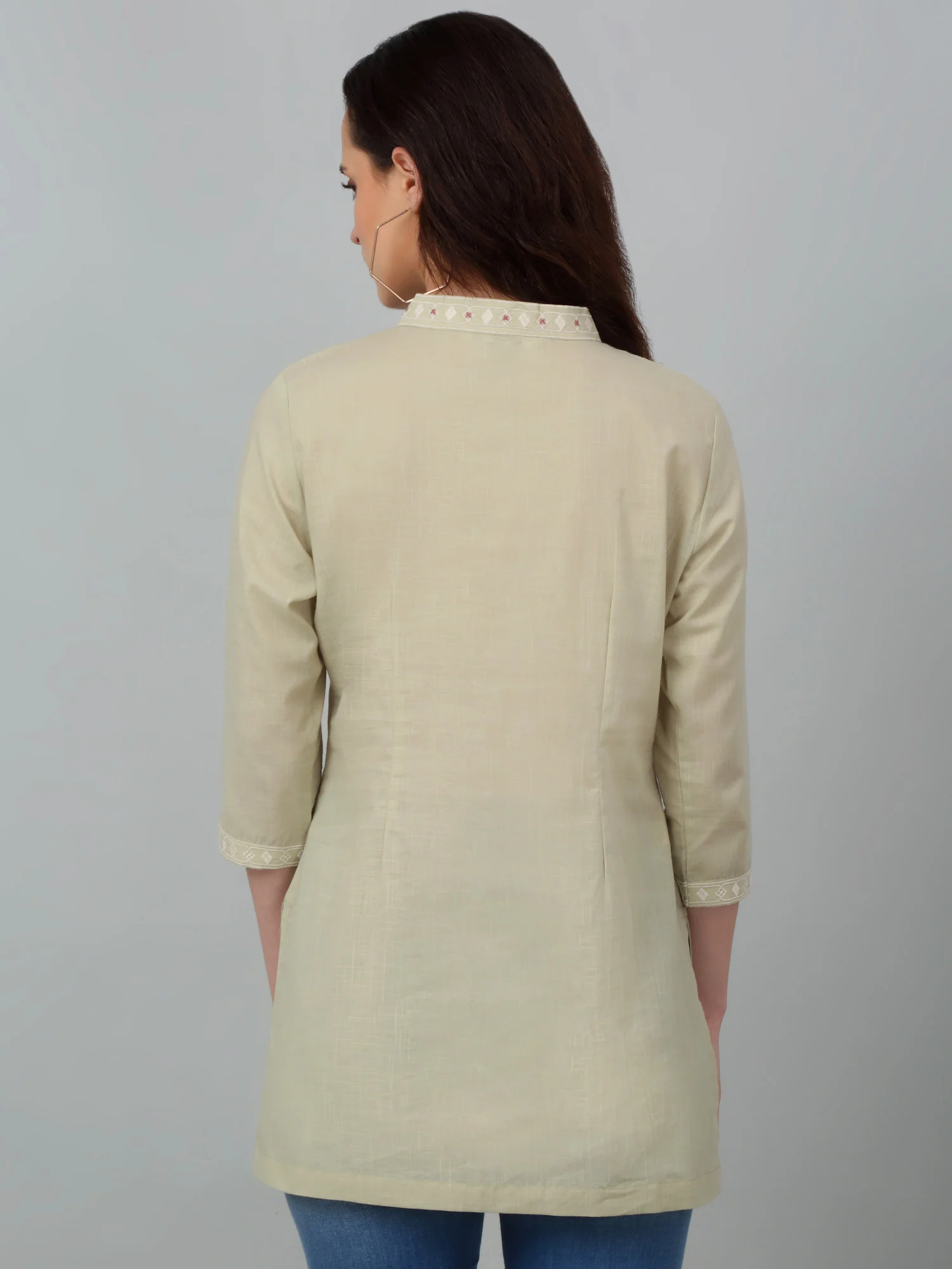 Women's Band Collar Mintgreen Embroidered Short Length Kurti - Image 2