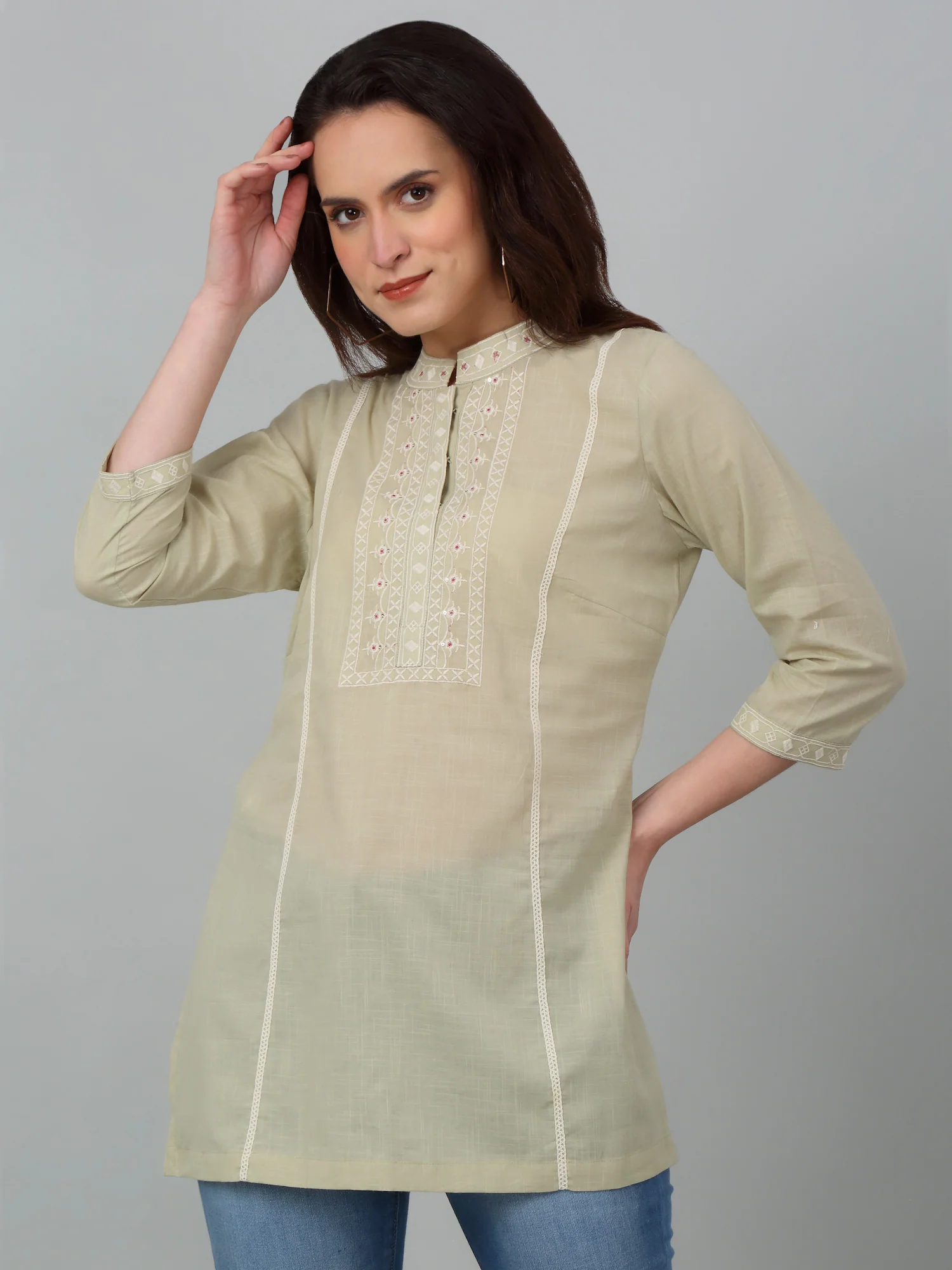 Women's Band Collar Mintgreen Embroidered Short Length Kurti - Image 3