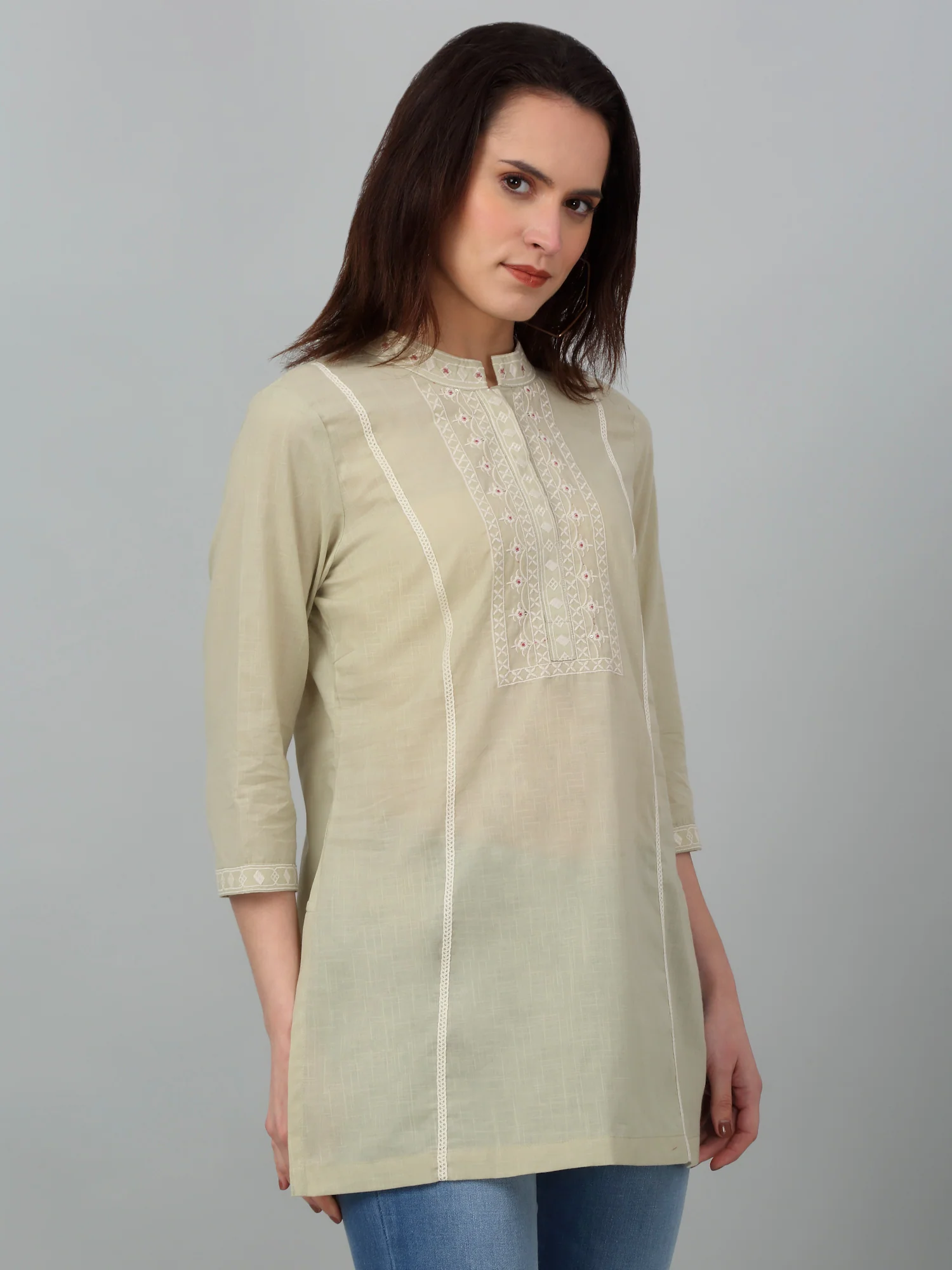 Women's Band Collar Mintgreen Embroidered Short Length Kurti - Image 4