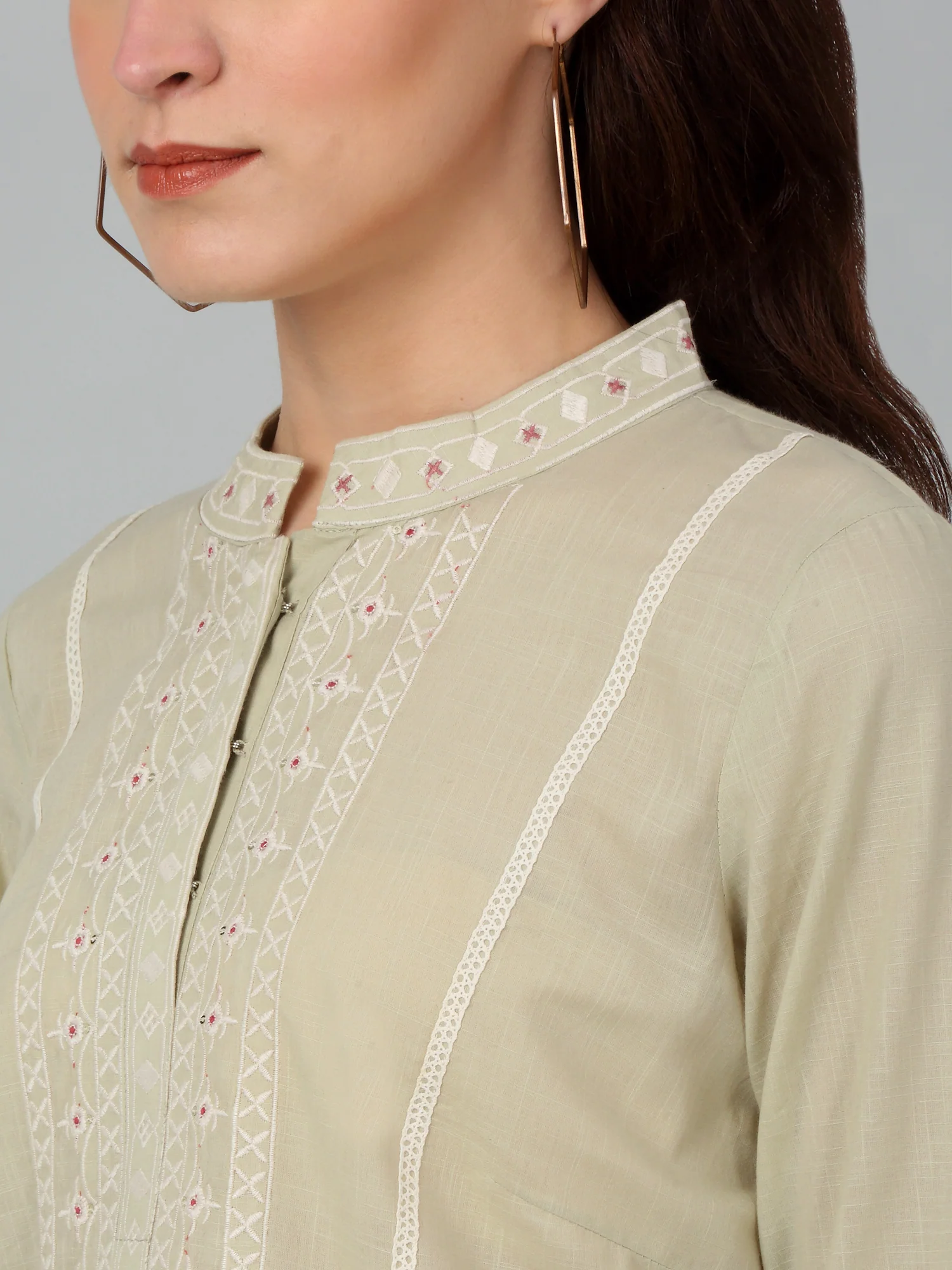 Women's Band Collar Mintgreen Embroidered Short Length Kurti - Image 5