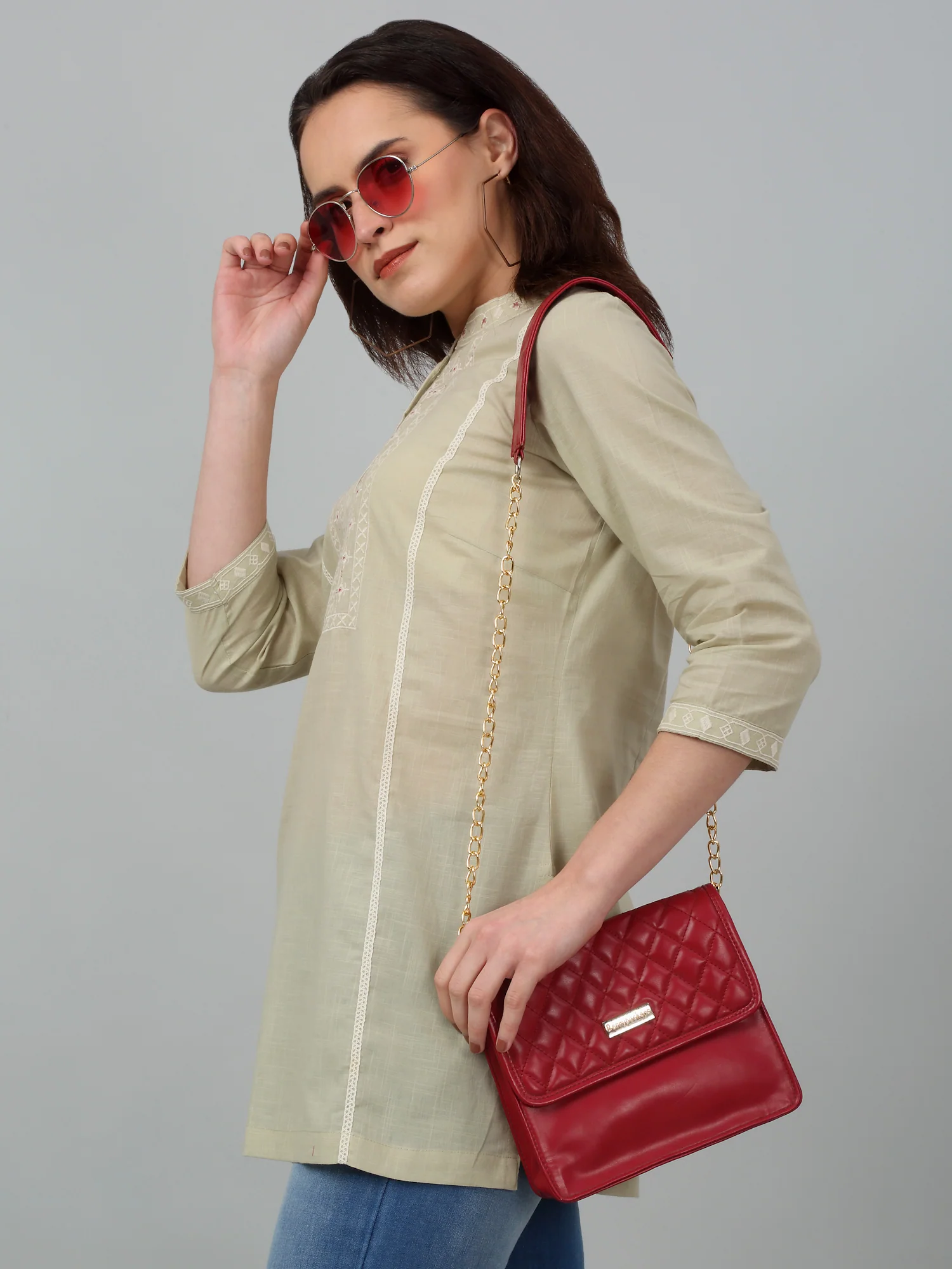 Women's Band Collar Mintgreen Embroidered Short Length Kurti - Image 6
