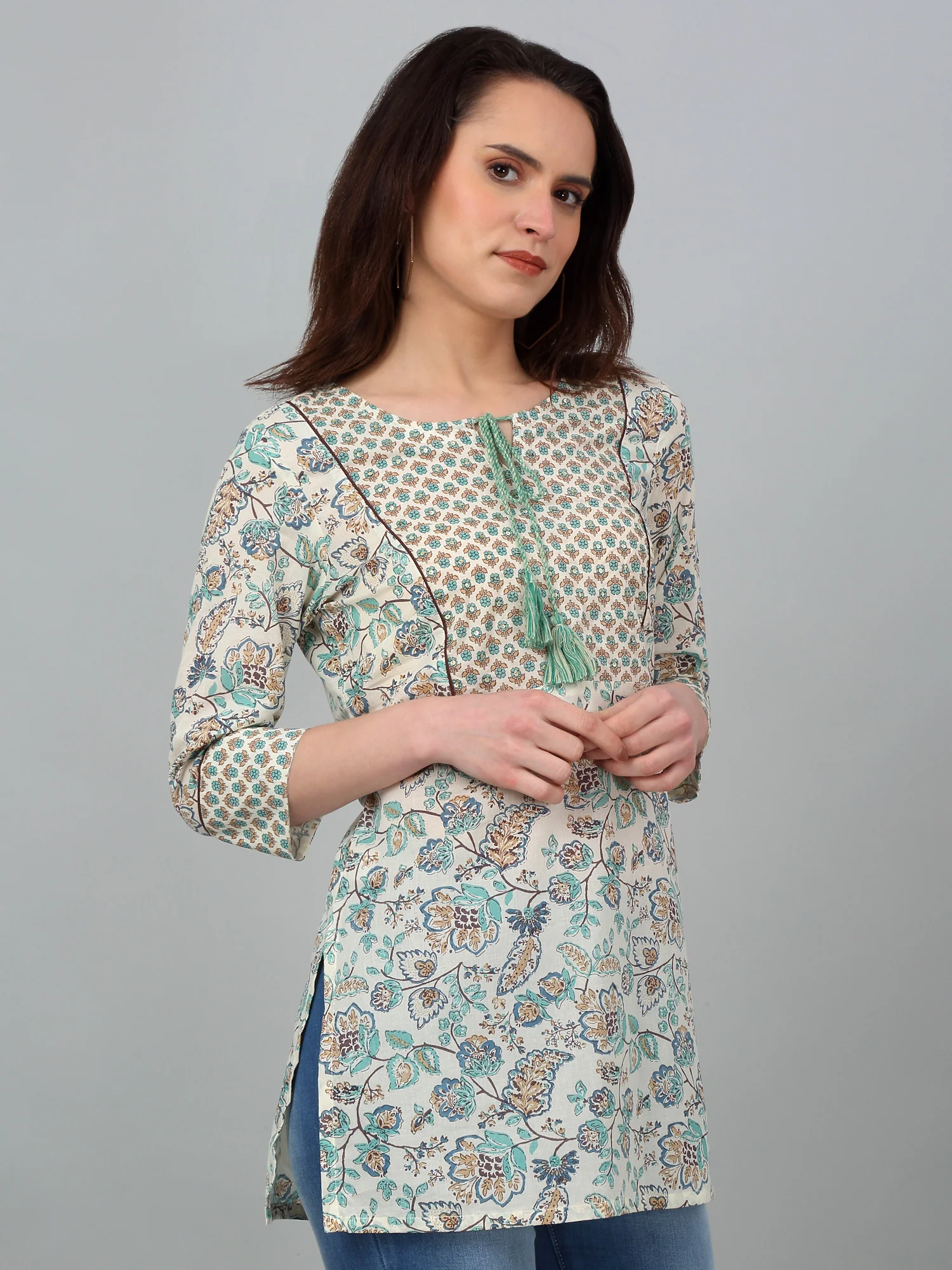 Women's  Round Neck With Tie Pp Multi Color All over Printed Short Length Kurti - Image 3
