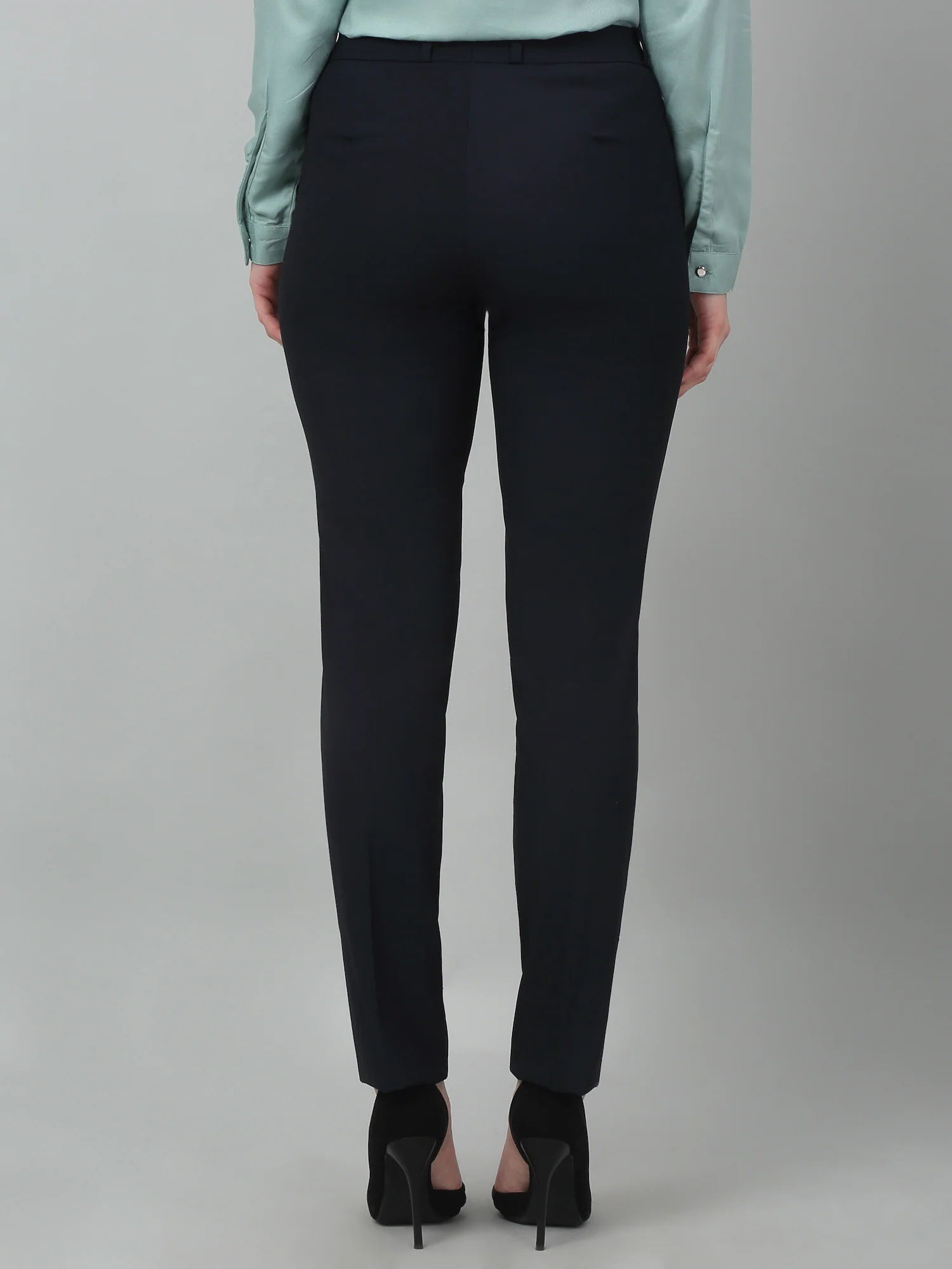 Women's Formal Flat Front Navy Blue Full length Mid rise Trousers - Image 2