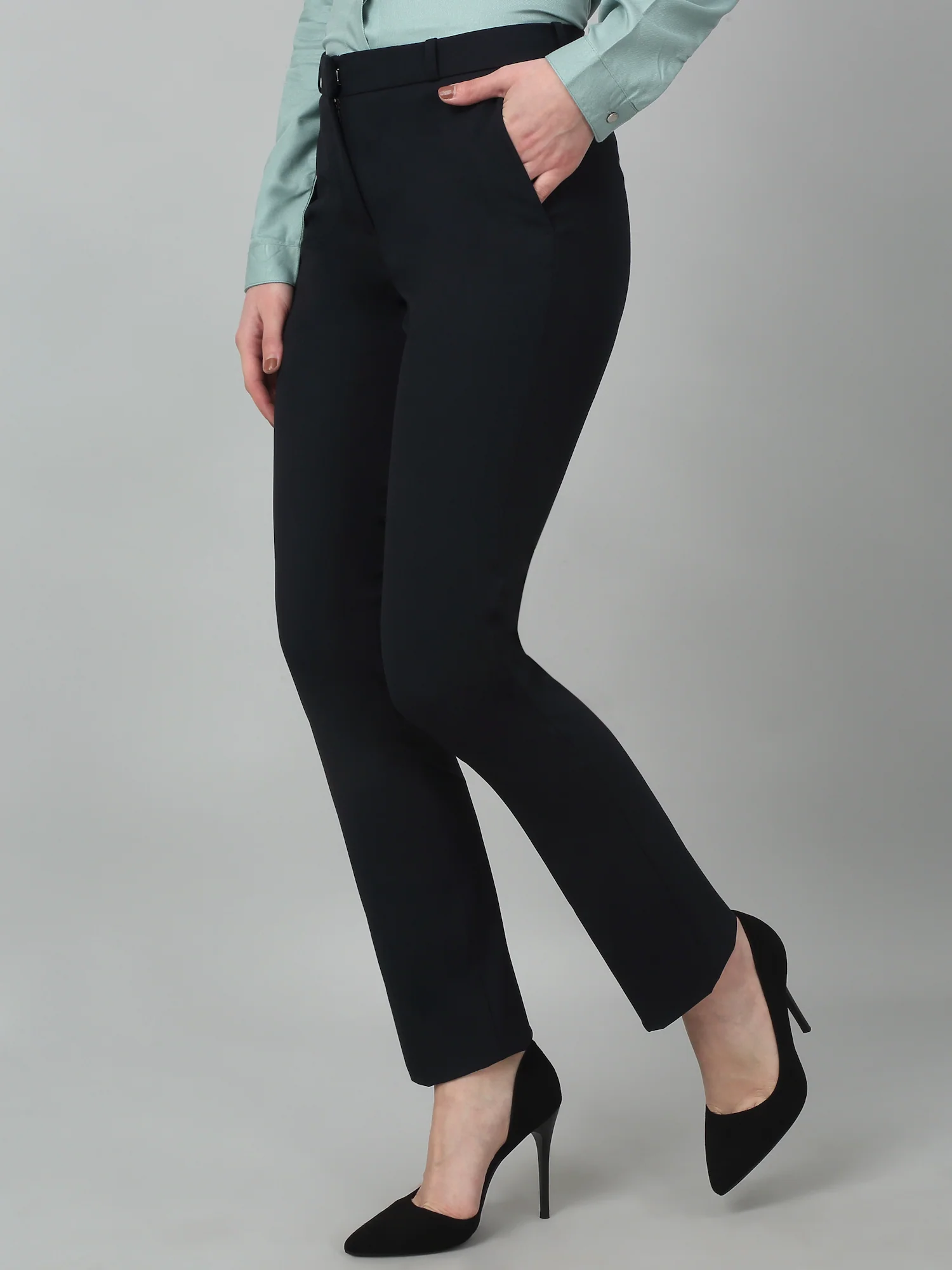 Women's Formal Flat Front Navy Blue Full length Mid rise Trousers - Image 3