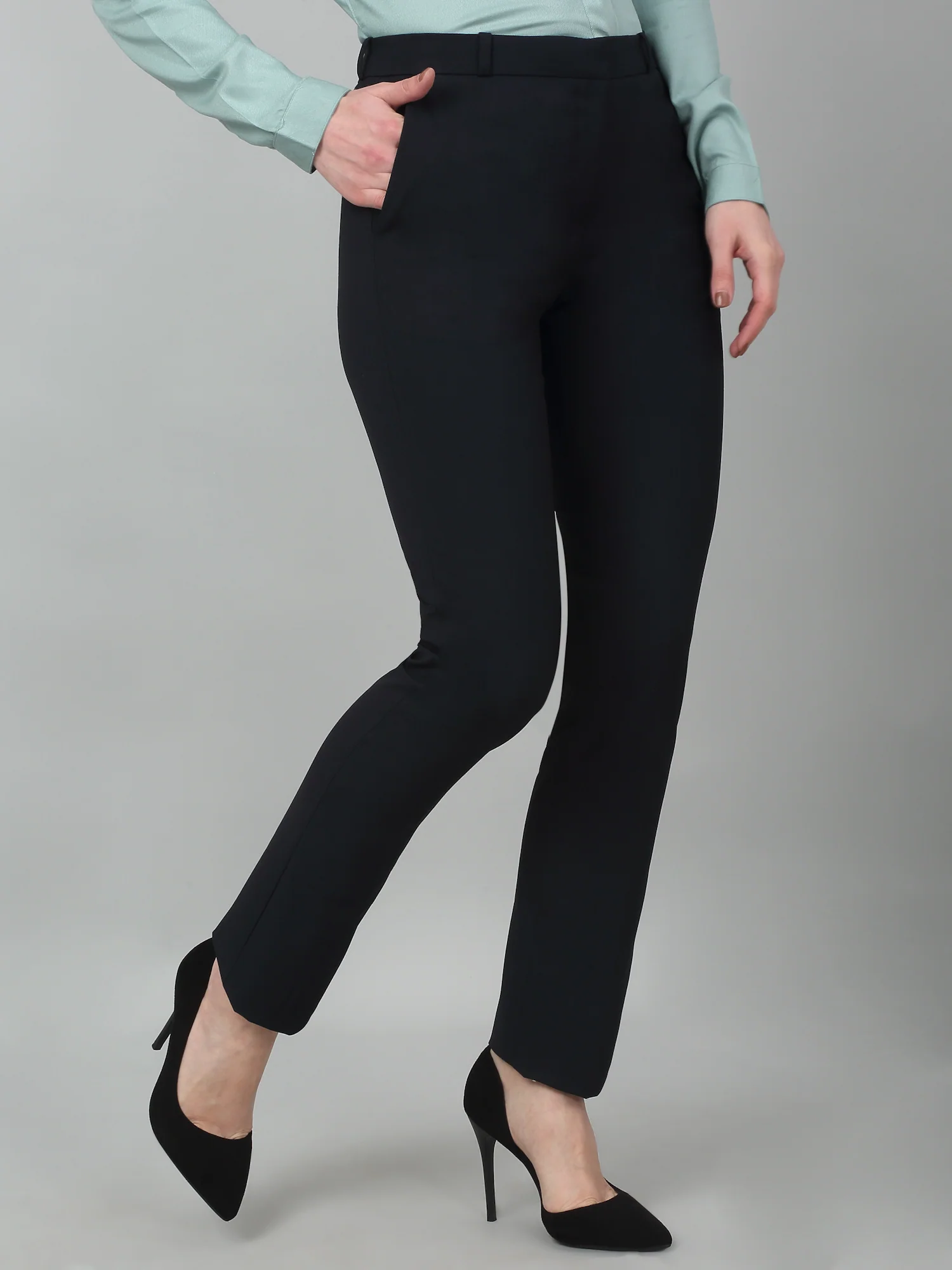 Women's Formal Flat Front Navy Blue Full length Mid rise Trousers - Image 4