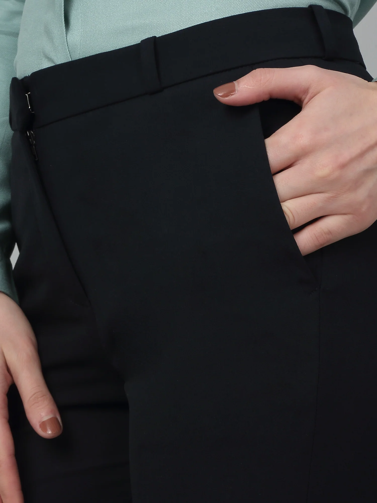 Women's Formal Flat Front Navy Blue Full length Mid rise Trousers - Image 5