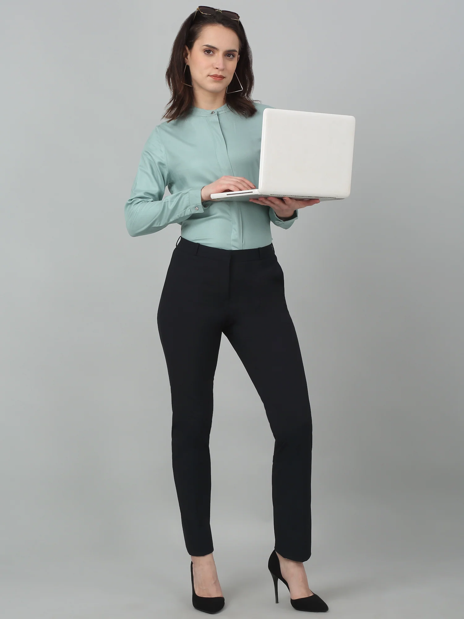 Women's Formal Flat Front Navy Blue Full length Mid rise Trousers - Image 6