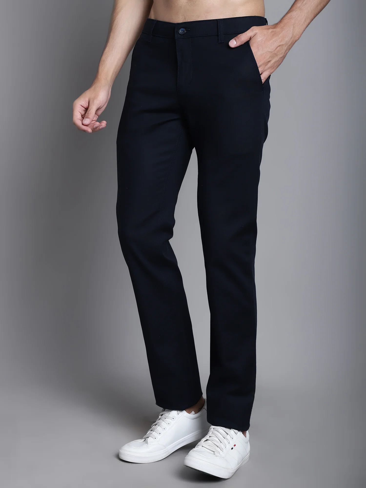 Men's Casual Flat front Navy Blue  Trousers - Image 3