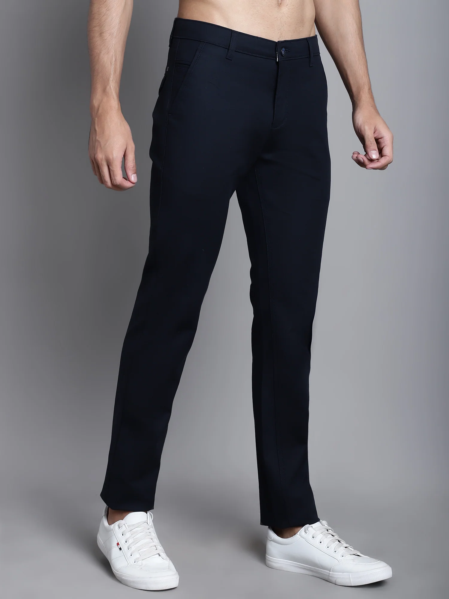 Men's Casual Flat front Navy Blue  Trousers - Image 4