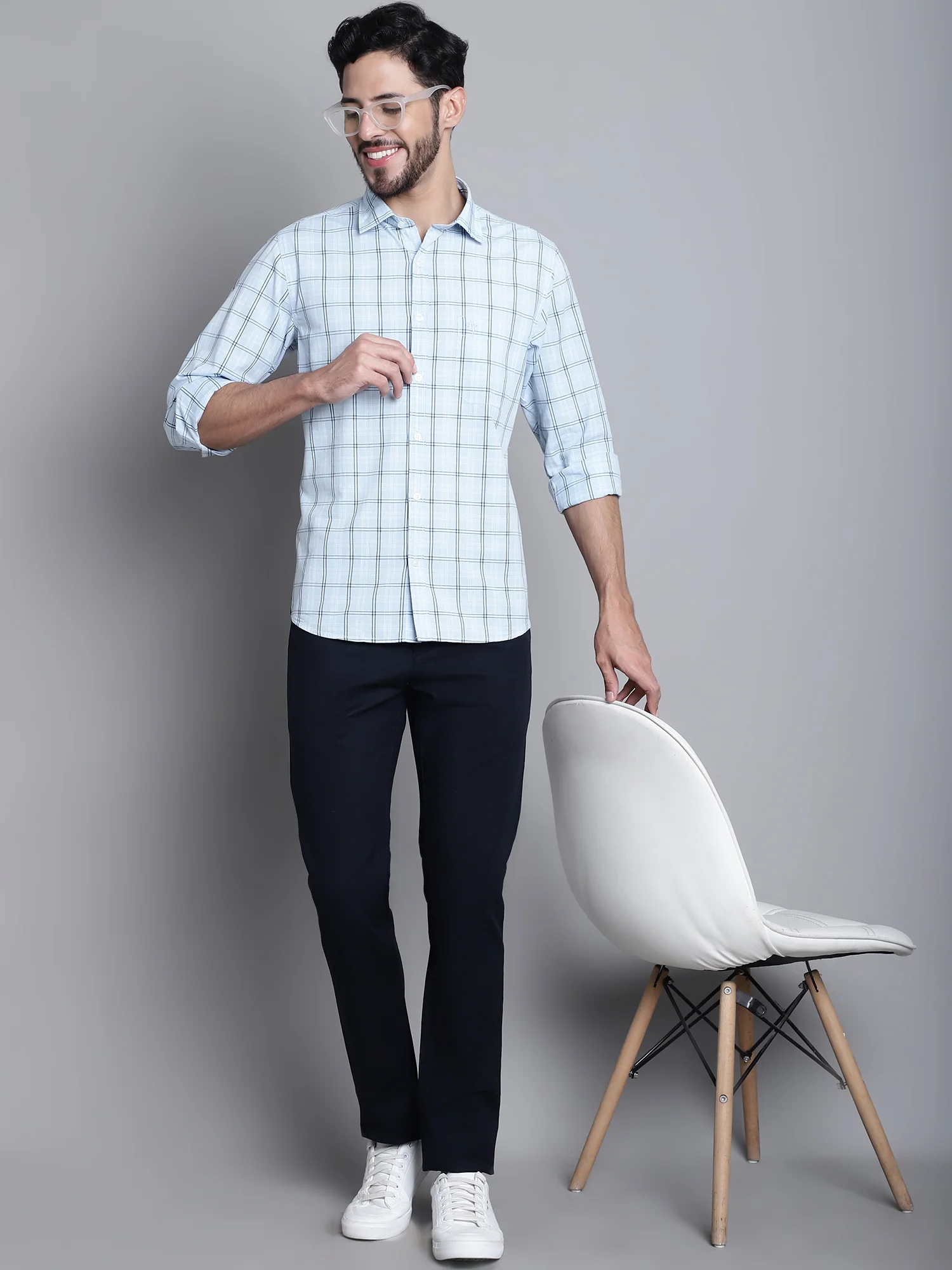 Men's Casual Flat front Navy Blue  Trousers - Image 5