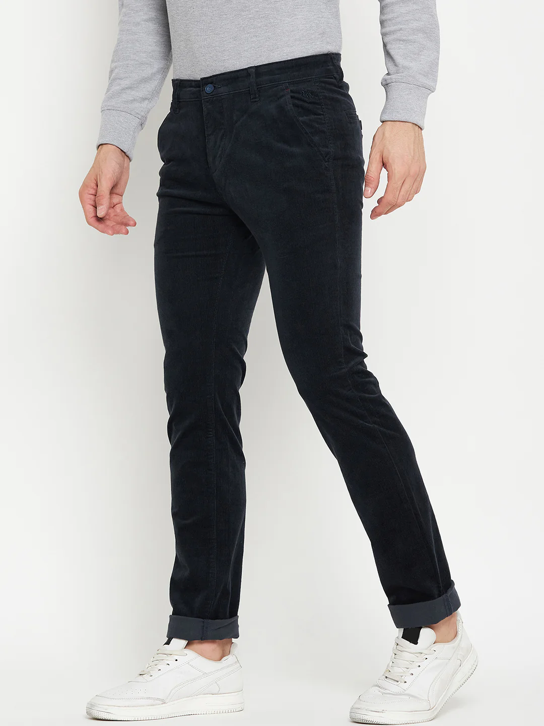 Men's Casual Flat front Navy Blue Corduroy Trousers - Image 3