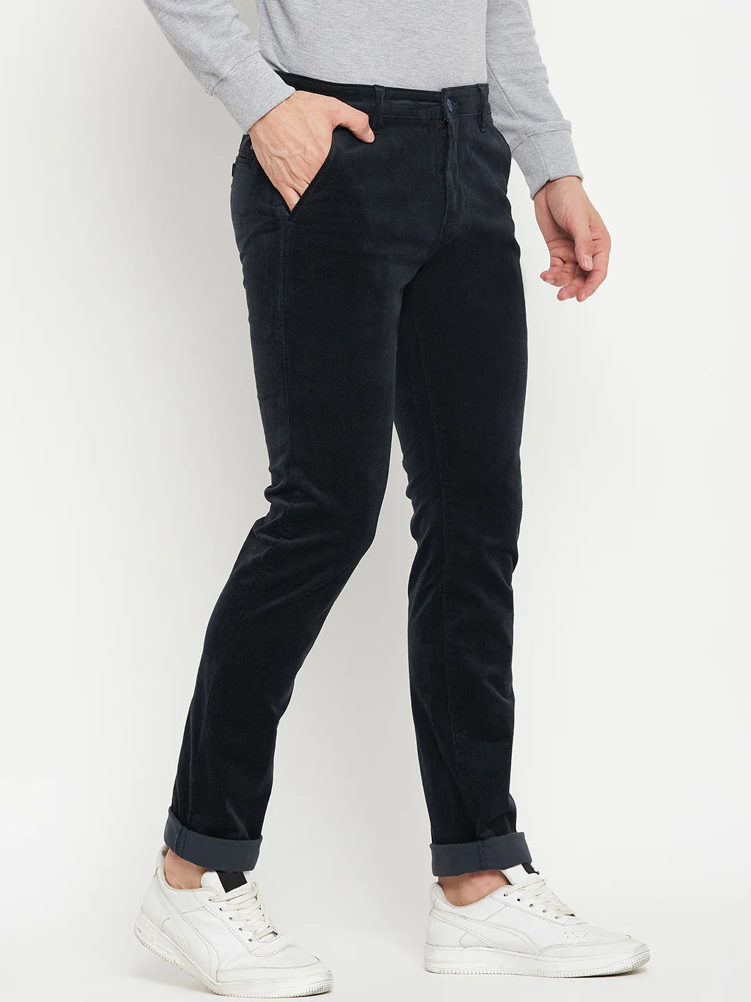Men's Casual Flat front Navy Blue Corduroy Trousers - Image 4