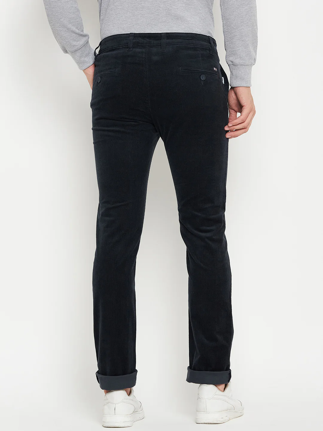 Men's Casual Flat front Navy Blue Corduroy Trousers - Image 5
