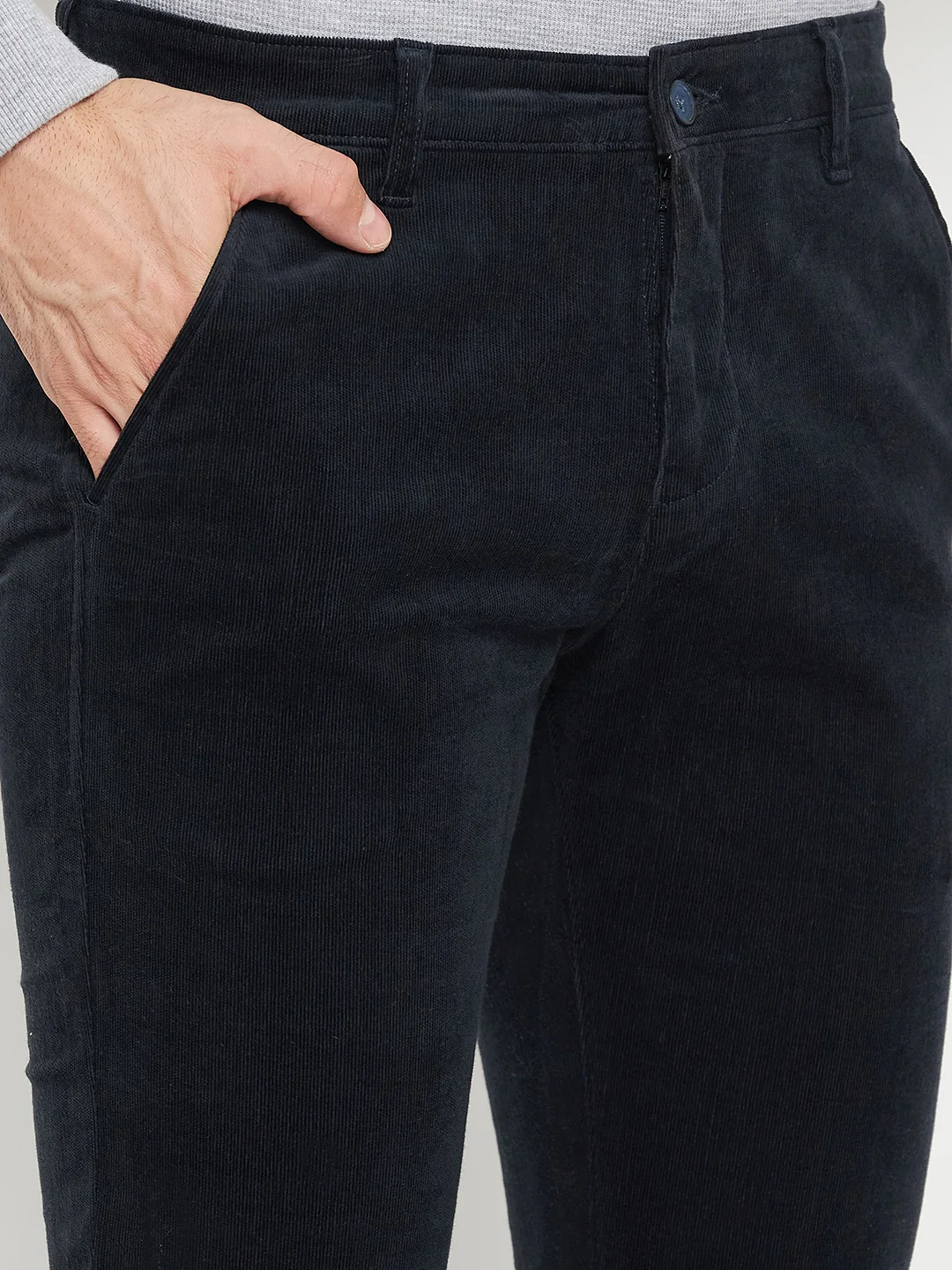 Men's Casual Flat front Navy Blue Corduroy Trousers - Image 6