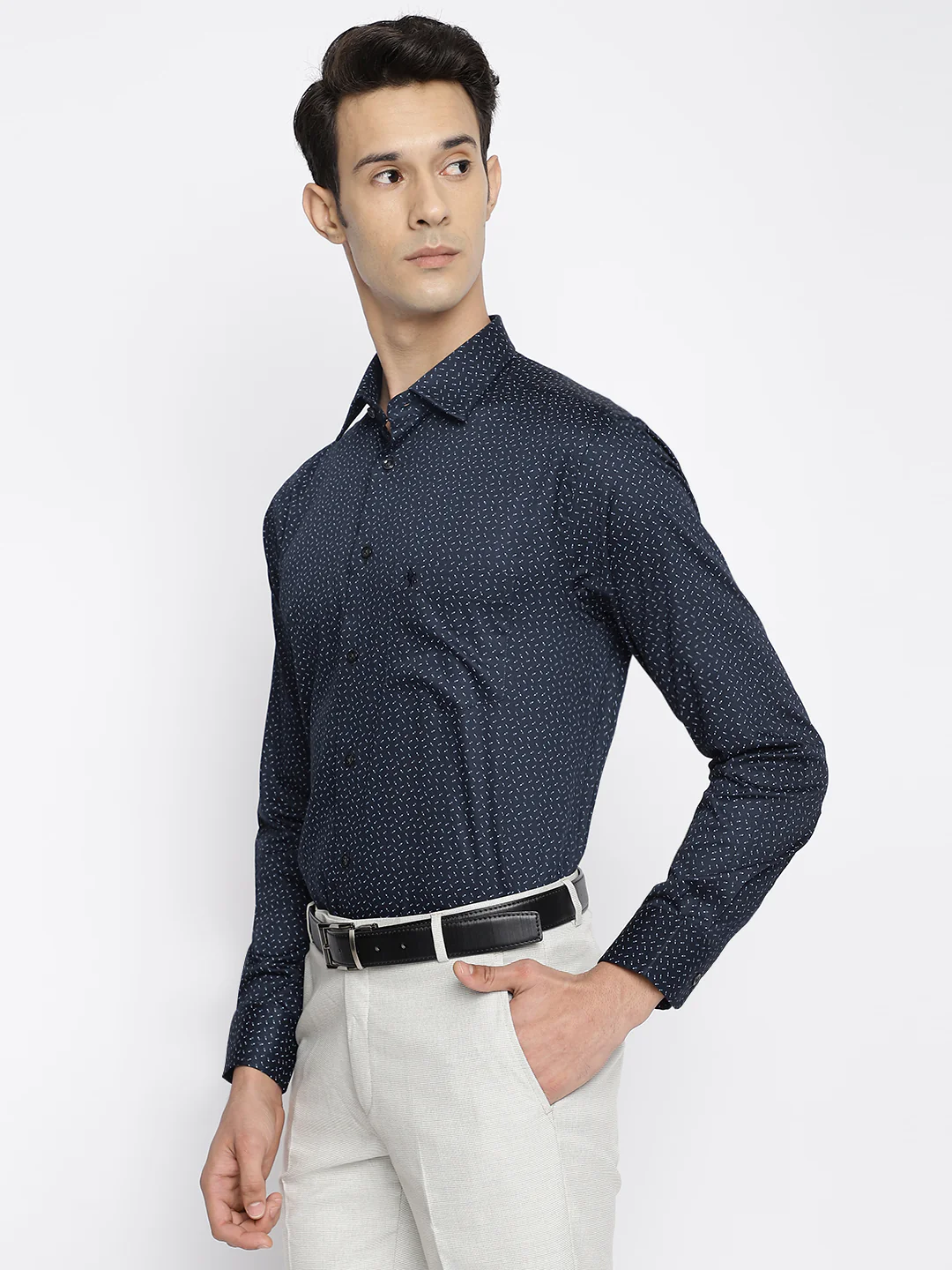 Men's Navy Blue Formal Ditsy Print Full Sleeve Shirt - Image 2