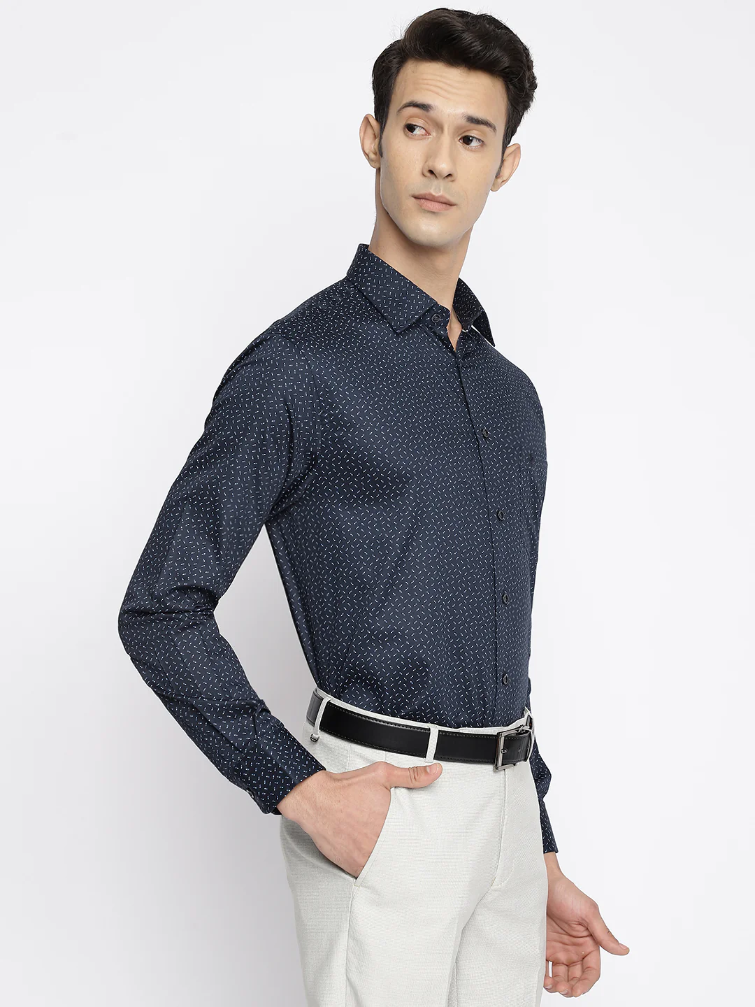 Men's Navy Blue Formal Ditsy Print Full Sleeve Shirt - Image 3