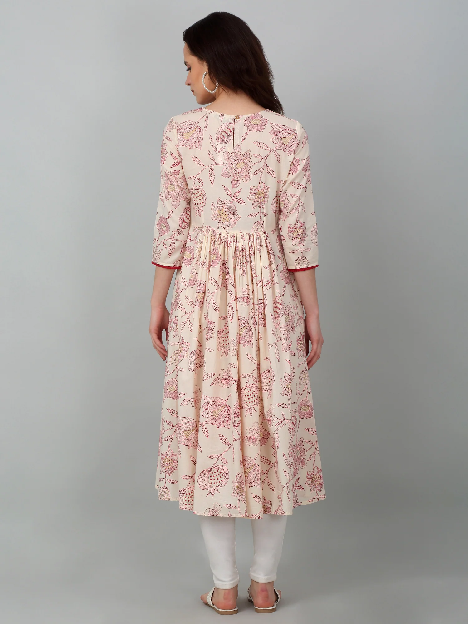 Women's Casual Round Neck Offwhite Printed & Embroidered Calf Length Kurti - Image 2