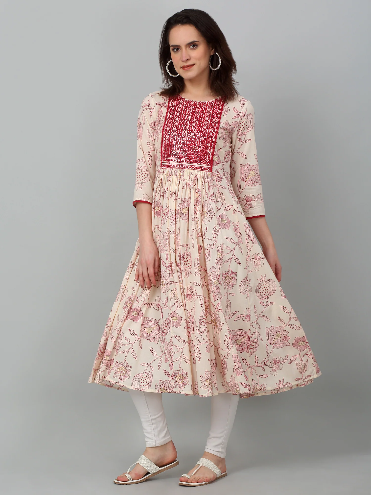 Women's Casual Round Neck Offwhite Printed & Embroidered Calf Length Kurti - Image 3