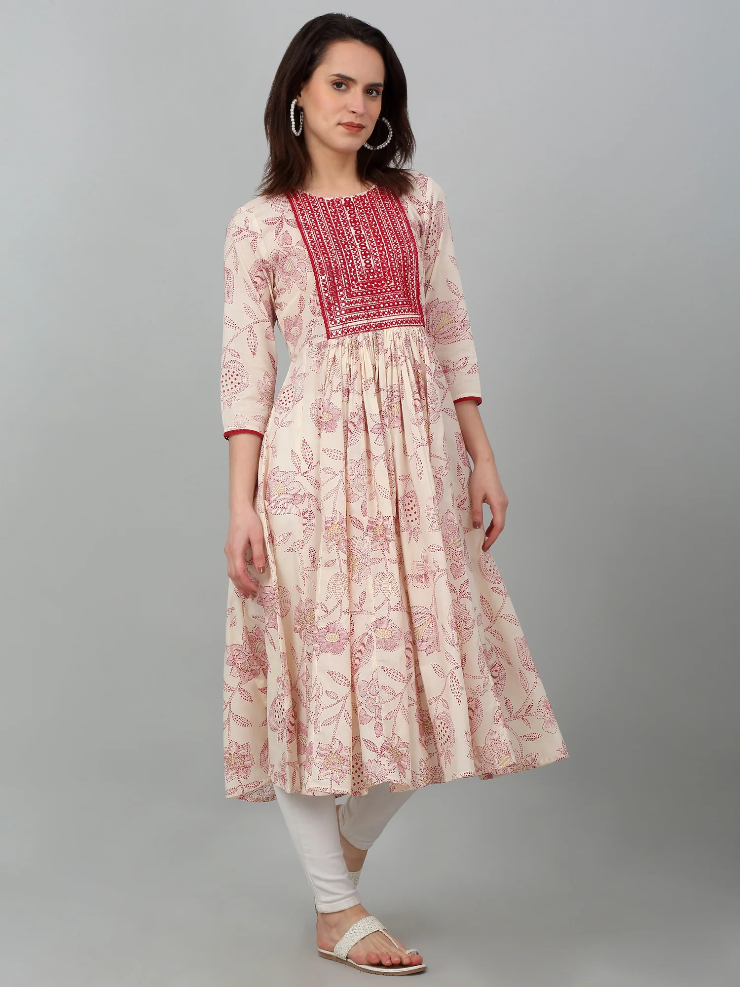 Women's Casual Round Neck Offwhite Printed & Embroidered Calf Length Kurti - Image 4