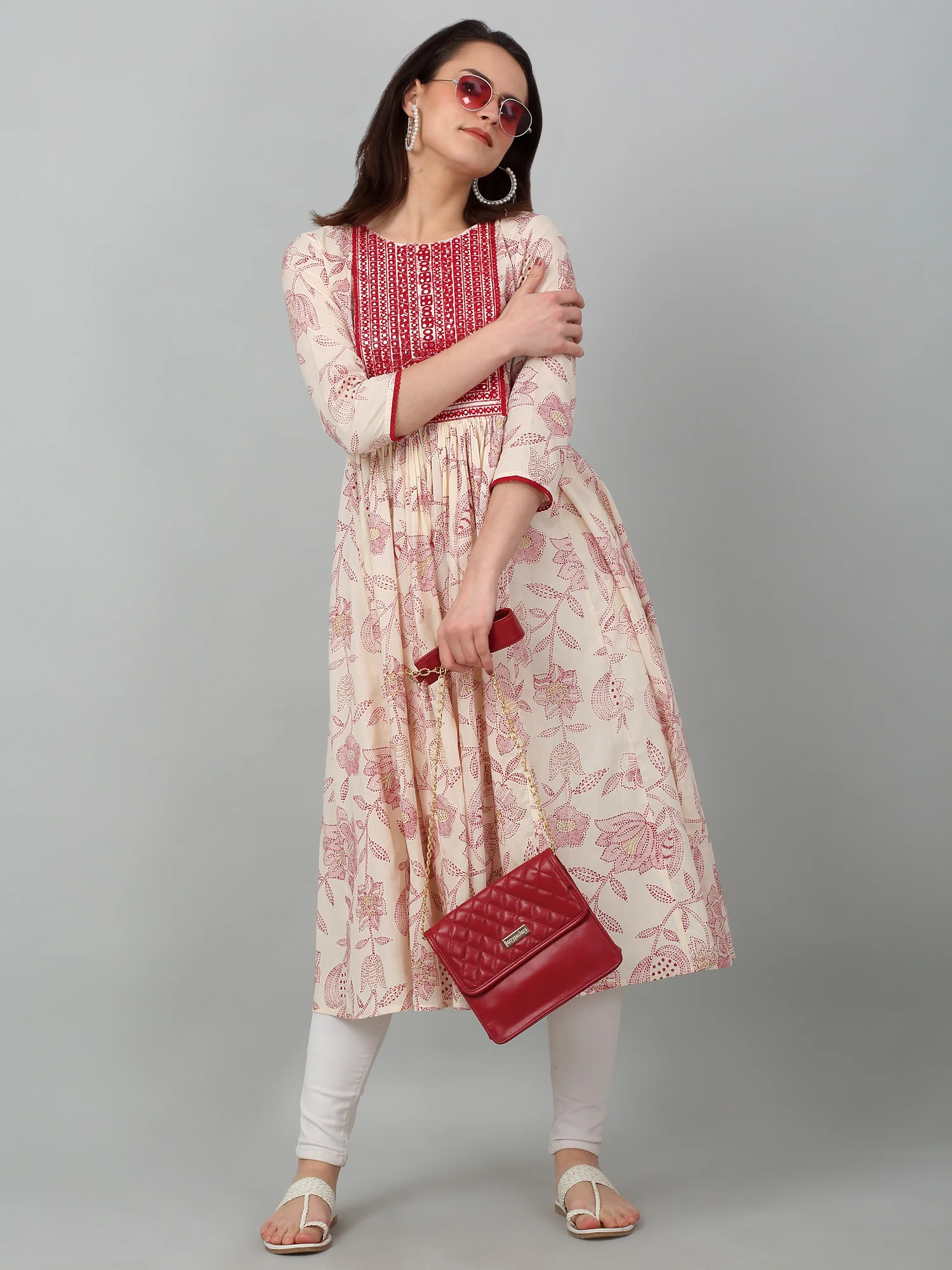 Women's Casual Round Neck Offwhite Printed & Embroidered Calf Length Kurti - Image 6
