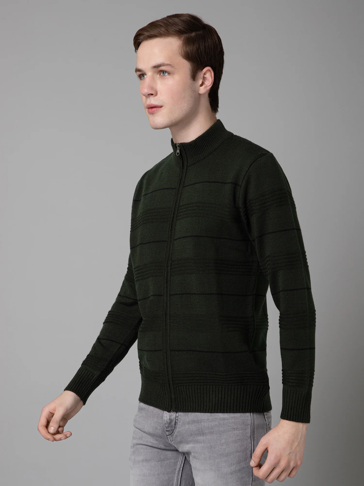 Olive Green Full Sleeve Mock Collar Regular Fit Casual Sweater for Men - Image 2