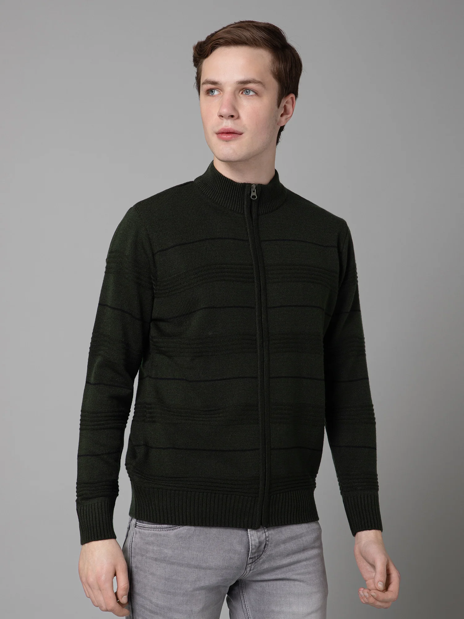 Olive Green Full Sleeve Mock Collar Regular Fit Casual Sweater for Men - Image 3