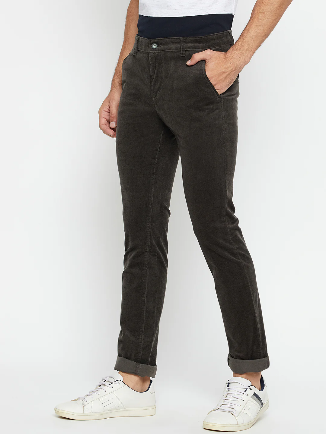 Men's Casual Flat front Olive Green Corduroy Trousers - Image 3