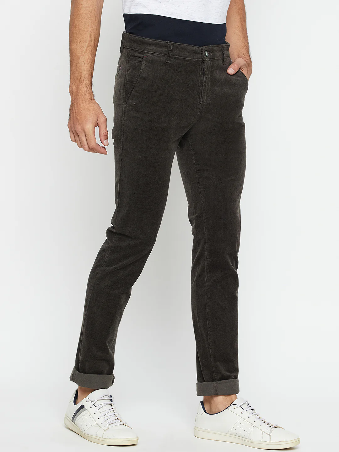 Men's Casual Flat front Olive Green Corduroy Trousers - Image 4