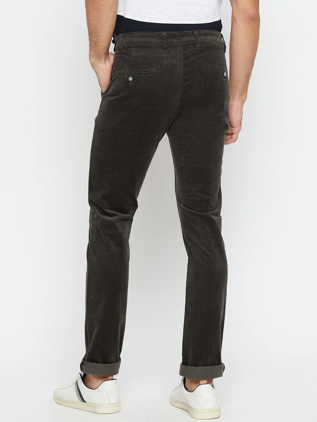 Men's Casual Flat front Olive Green Corduroy Trousers - Image 5